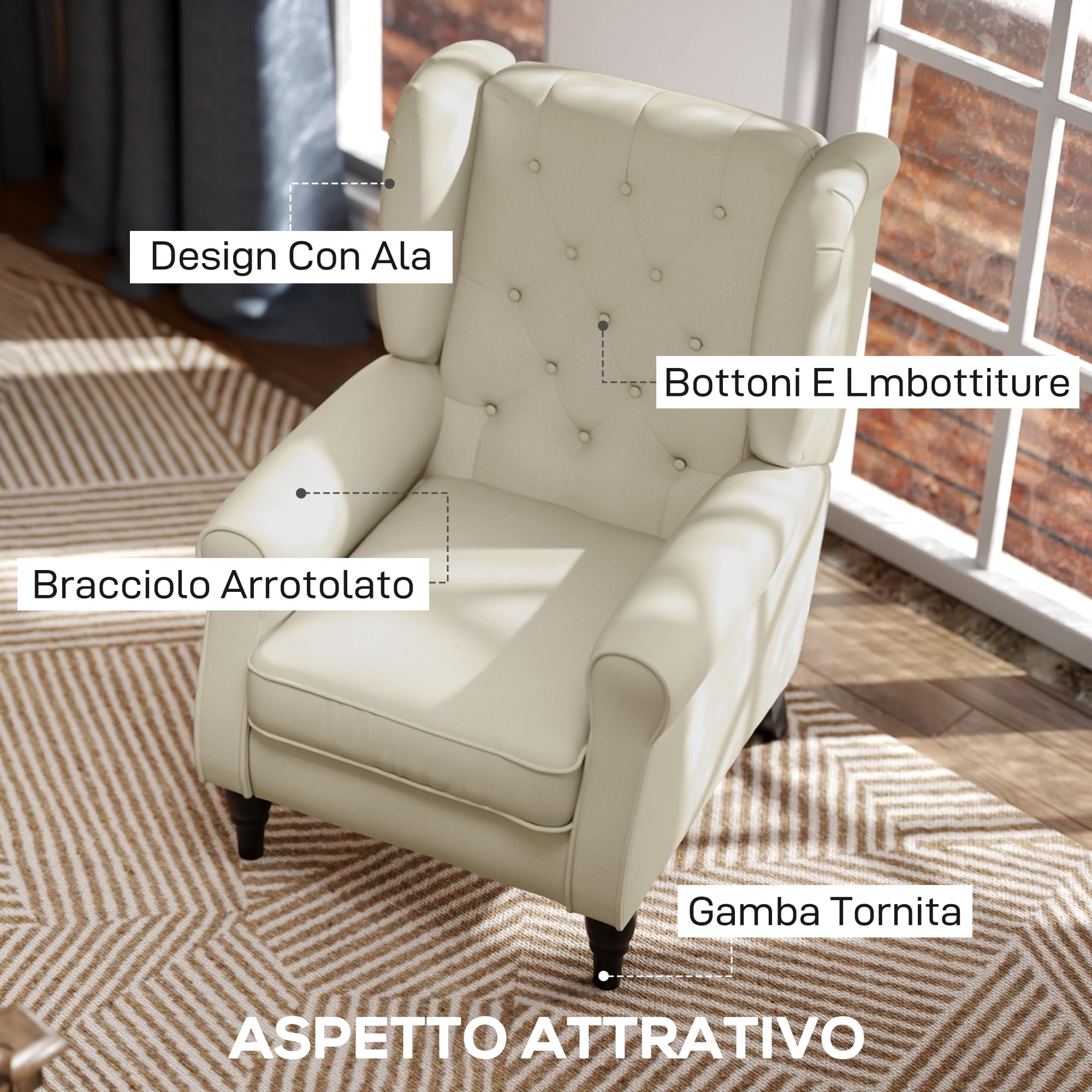 HOMCOM Poltrona per Salotto in Stile Francese con Ampia Seduta, Poltroncina in Tessuto con Gambe in Legno e Cuscino, 74x86x102 cm, Bianco