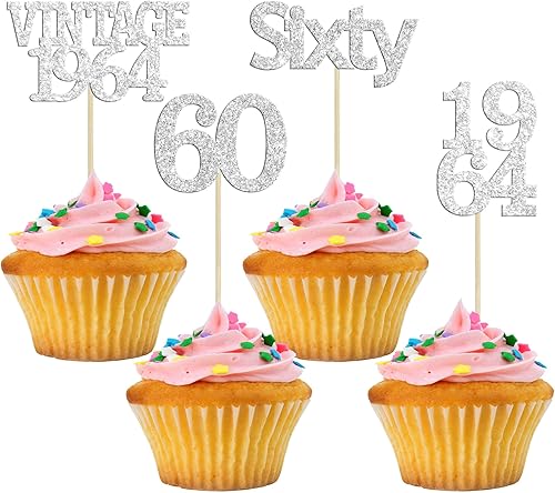 Gyufise 24 piezas vintage de 1964 decoraciones para cupcakes de 1964 saludos a 60 fabulosos sesenta palillos de cupcakes decoraciones para 60