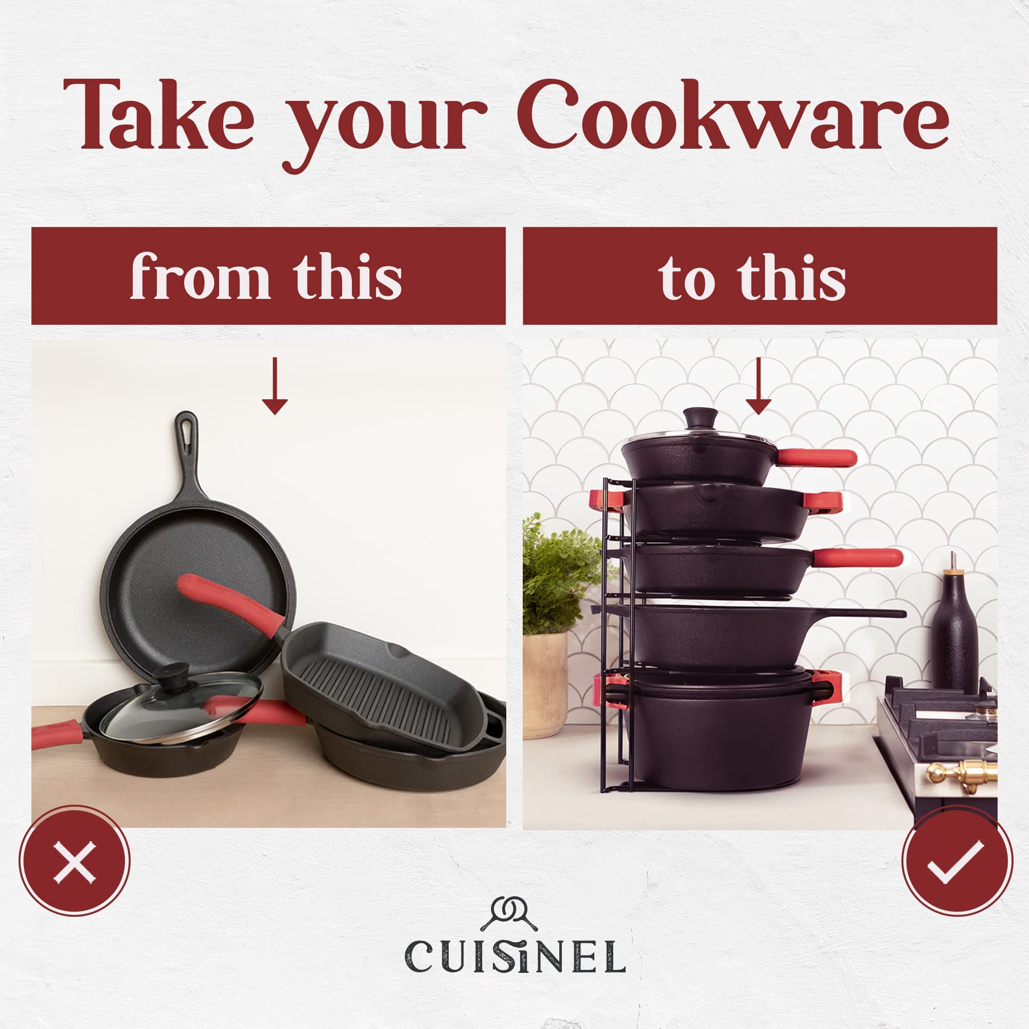 cuisinel Organizer na patelnie – pokryty silikonem, antypoślizgowy, 38 cm, wytrzymały stojak na patelnie, organizer na blaty kuchenne, do przechowywania ciastek, deska do krojenia, żeliwne naczynia