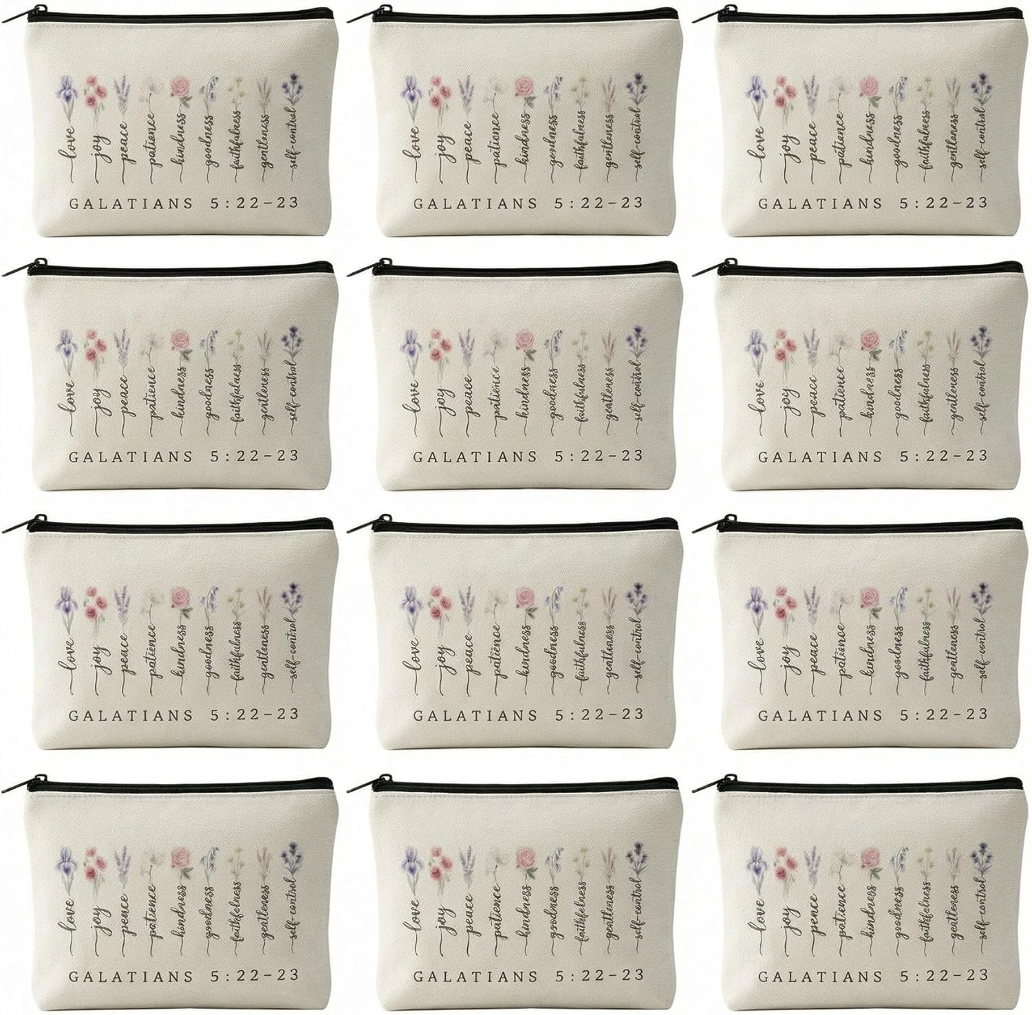 Fruit of the Spirit Cosmetic Bag 12 Pack - Christian Gifts for Women Bulk Church Retreat Favors - Durable Canvas Bible Study Pouch with Zipper - 8.4 x 5.5 Inches