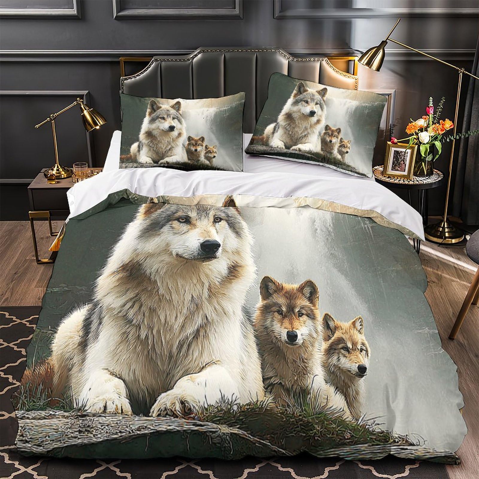 Housse de couette loup 3D 200x200cm en microfibre avec 2 taies d'oreiller