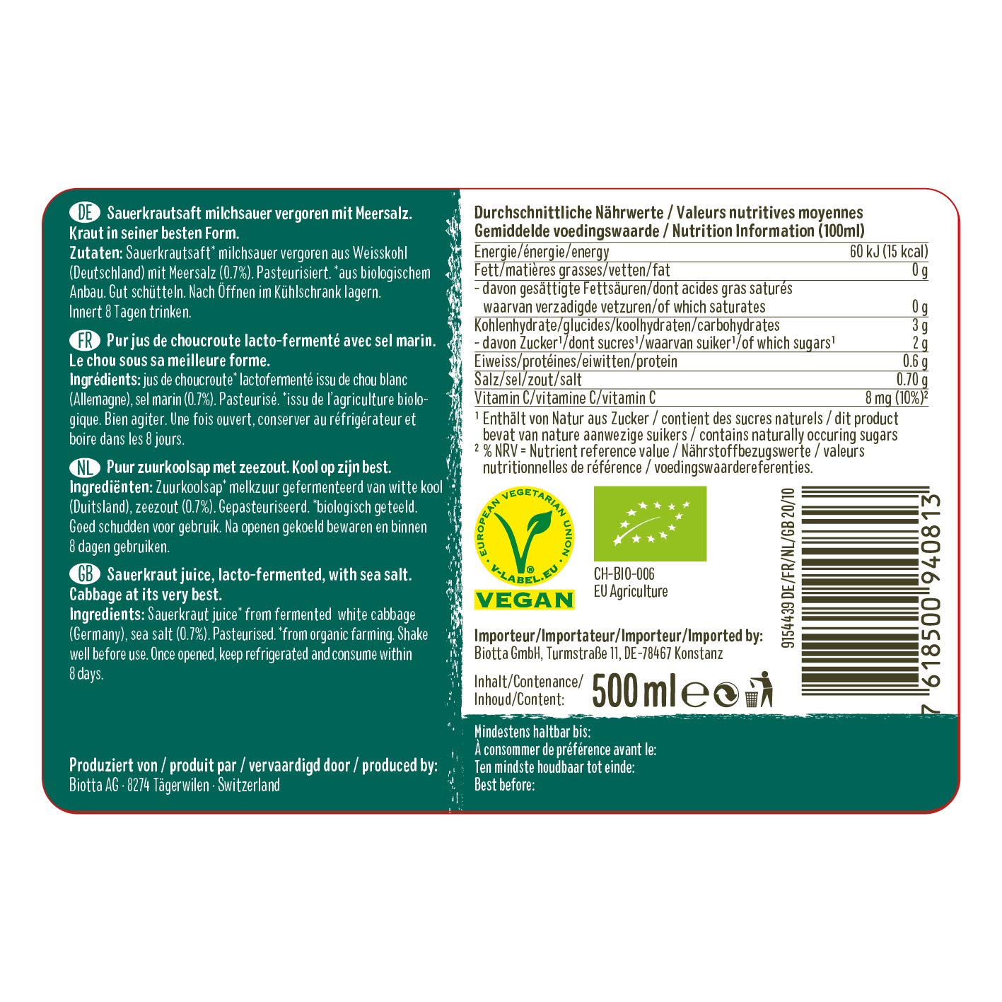 A.VOGEL BIOTTA - Jus de Choucroute lacto-fermenté - Favorise la digestion - Légumes frais - A base de chou blanc bio et de sel marin - Actifs végétaux 100% bio et vegan - Vitamine C - 500ml- Lot de 3