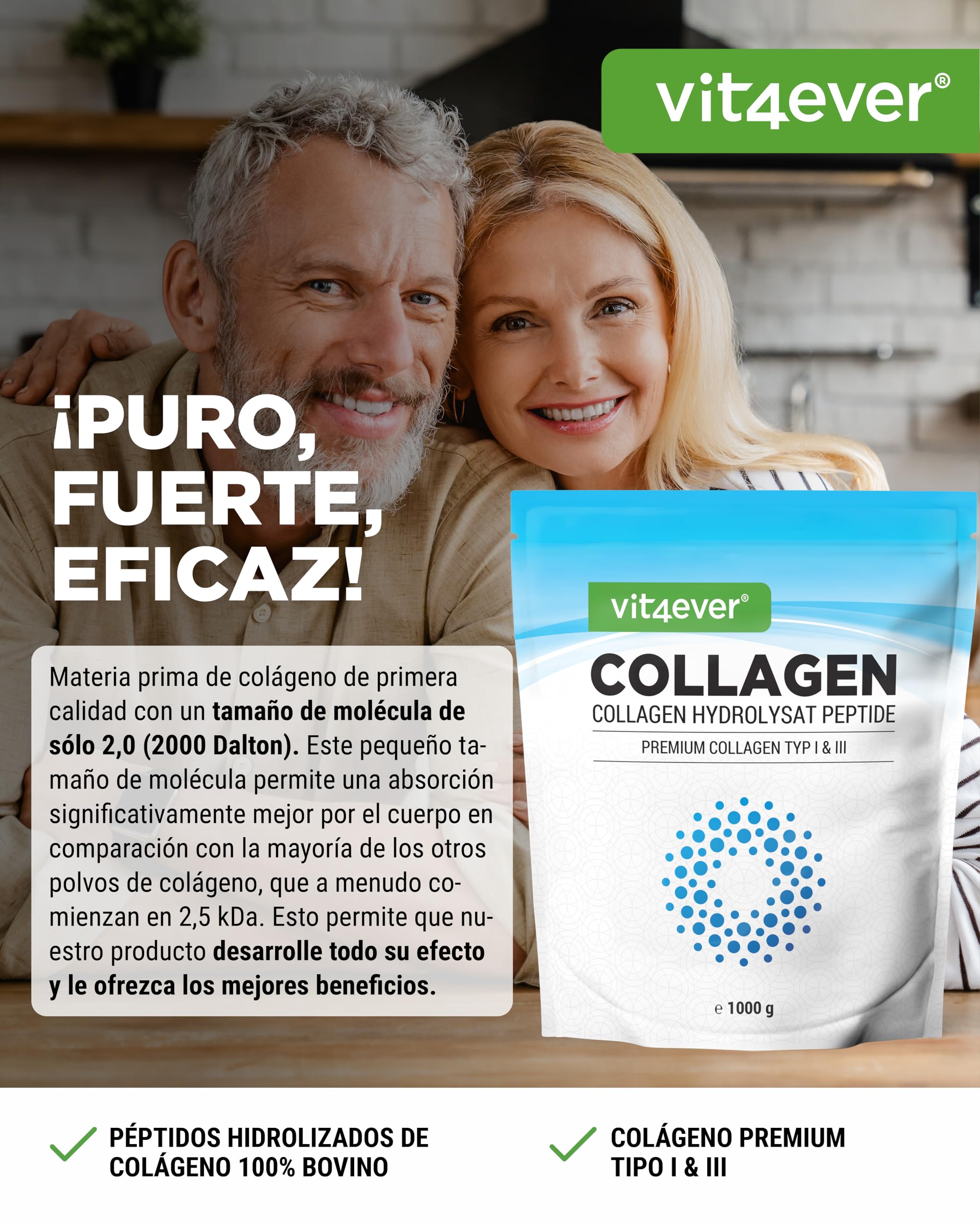 Colágeno en Polvo 1000 g - 100% Péptidos hidrolizados de Colágeno Bioactivo - Tipo 1 y 3 - Sabor neutro - Sin aditivos