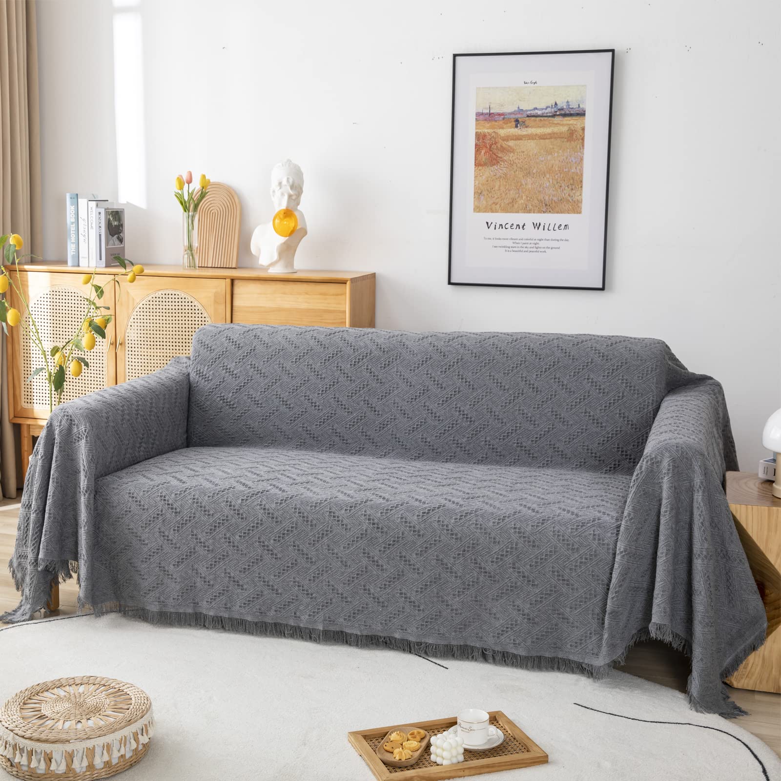 LHGOGO Sofa Throw for 3 Seater Sofas, Large Geometric Jacquard Woven Blanket with Fringes, 60% Cotton Blend Heavyweight Settee Throw, Reversible Couch Cover for Pets, 180x300cm, Grey