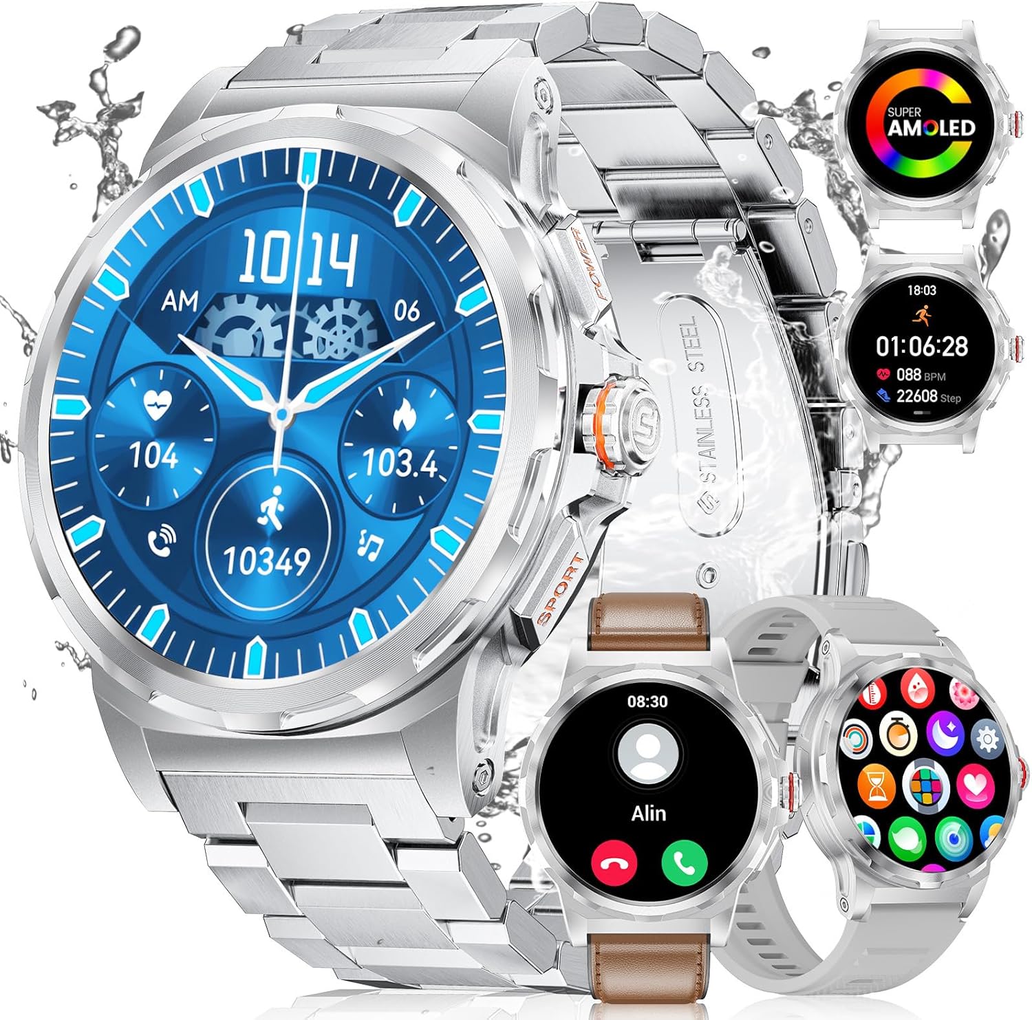 Product image of LIGE Military Smart Watch for Men(3 Straps),1.43"HD AMOLED Rugged Smartwatch(Answer/Make Call) for Android iOS,Fitness Watch,Silver Sport Watch with 120+ Sport Modes/IP68 Waterproof/Running/Heart Rate