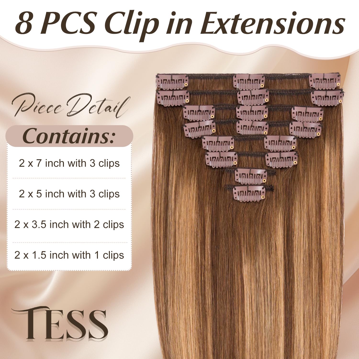 TESS Clip in Hair Extensions Real Human Hair Balayage Remy Seamless 8 Pieces Straight for Women/Girls (#4T4P27 Chocolate Brown to Caramel Blonde - Image 2