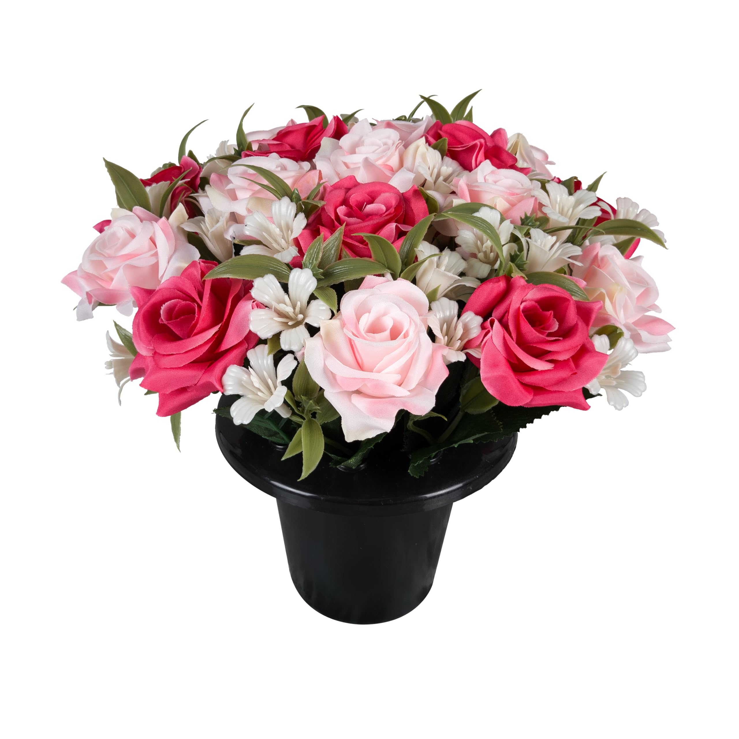 Artificial Flowers for Graves - Light Pink and Dark Pink Roses (Open) in Grave Flower Pot with Plastic Gyp and Greenery, 17 Heads, Pre-Arranged Handmade Outdoor Cemetery Decoration Memorial