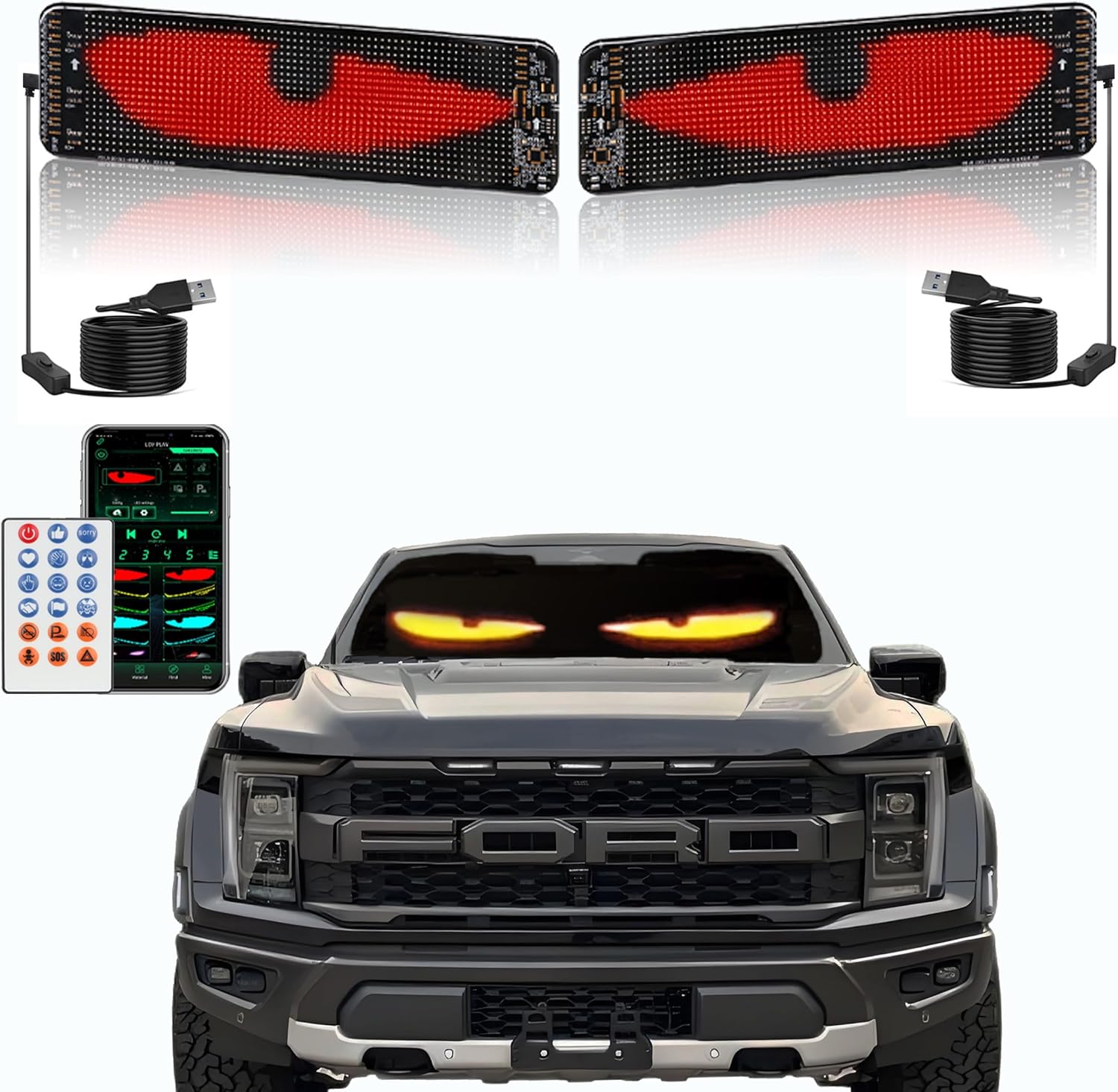 2PCs Devil Eyes Light for Windshield,19.3″x4.3″ Flexible LED Eye Lights for Car Windshield with Remote and APP Control,Dynamic Personalized LED Display Screen Panel for Car Back Window