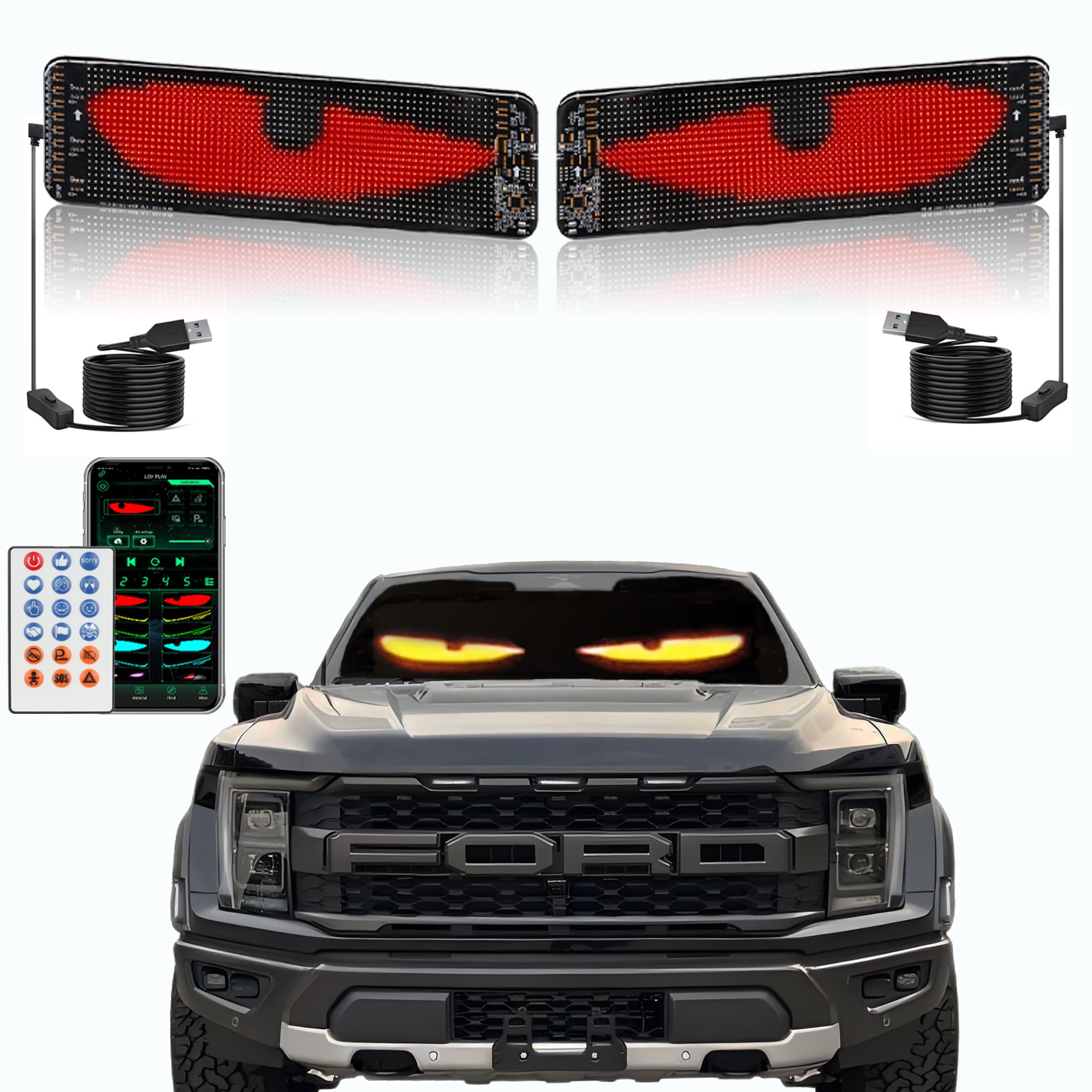 19.3"x4.3" Devil Car Eyes Animated Led,2PCs Flexible LED Eye Lights for Car Windshield with Remote and APP Control,Customizable Led Matrix Panel for Cars/Trucks/SUVs Windshield
