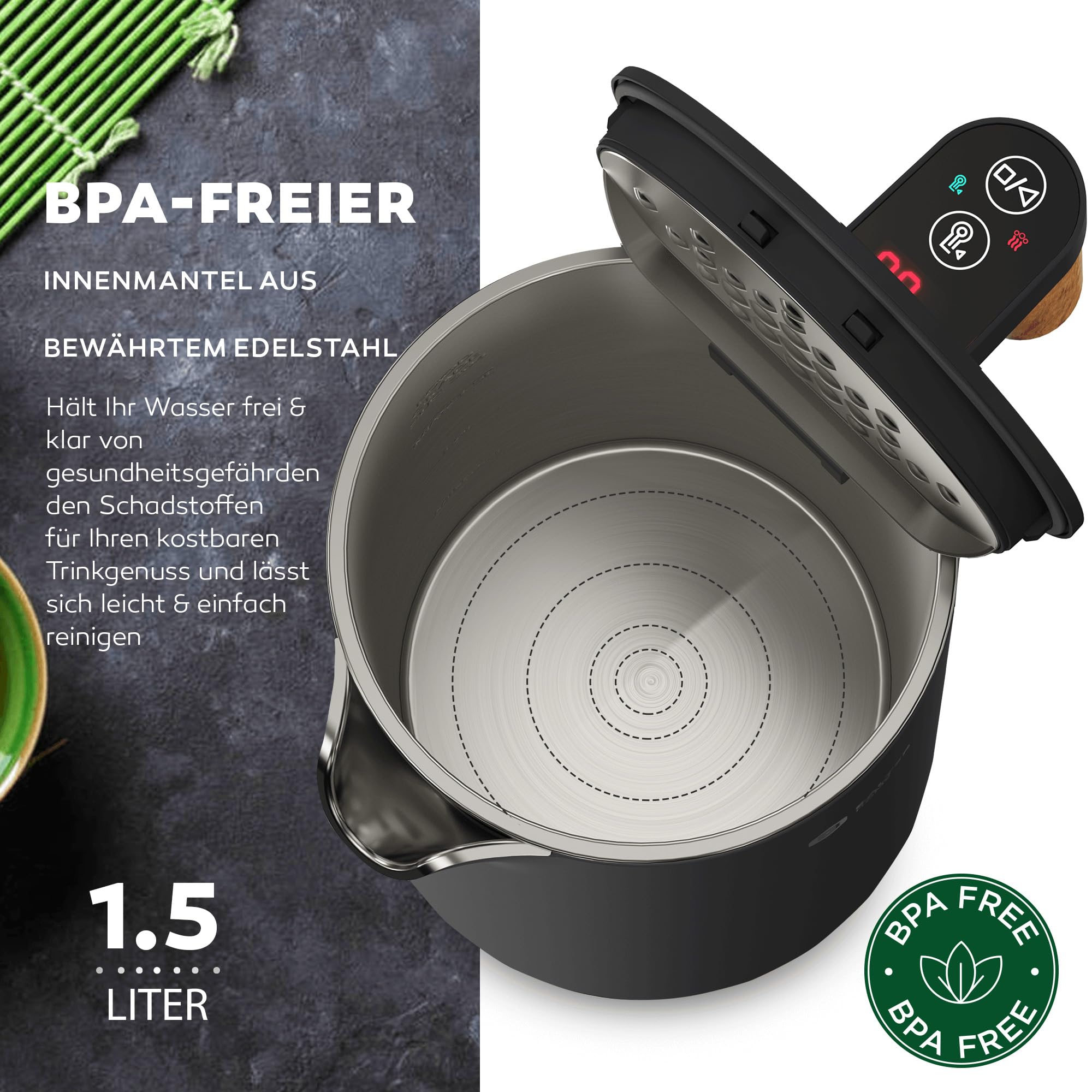 BALTER Edelstahl Wasserkocher mit Temperatureinstellung, 45°C-100°C, Doppelwand, BPA frei, leise & kabellos, Warmhaltefunktion, Teekocher mit Temperaturanzeige, 1.5L, 2200W, Schwarz