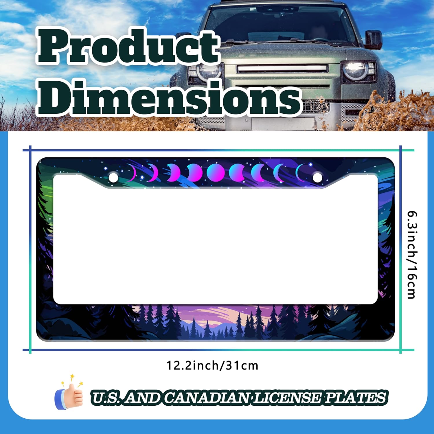 Moon Phases Aurora Forest License Plate Frame Night Sky 2 Pack Stainless Steel License Plate Holder for Front or Rear Car Tags Funny for Car Decoration Accessories with Screws 6.3 X 12.2 Inch