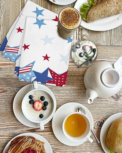 Miniatura 4 de Kitchen Towel 2 Packs Cotton Waffle Weave, Blue and Red Stars Independence Day 4th of July Stripes 16 x 24 Inch Absorbent Quick Drying Dish Towels
