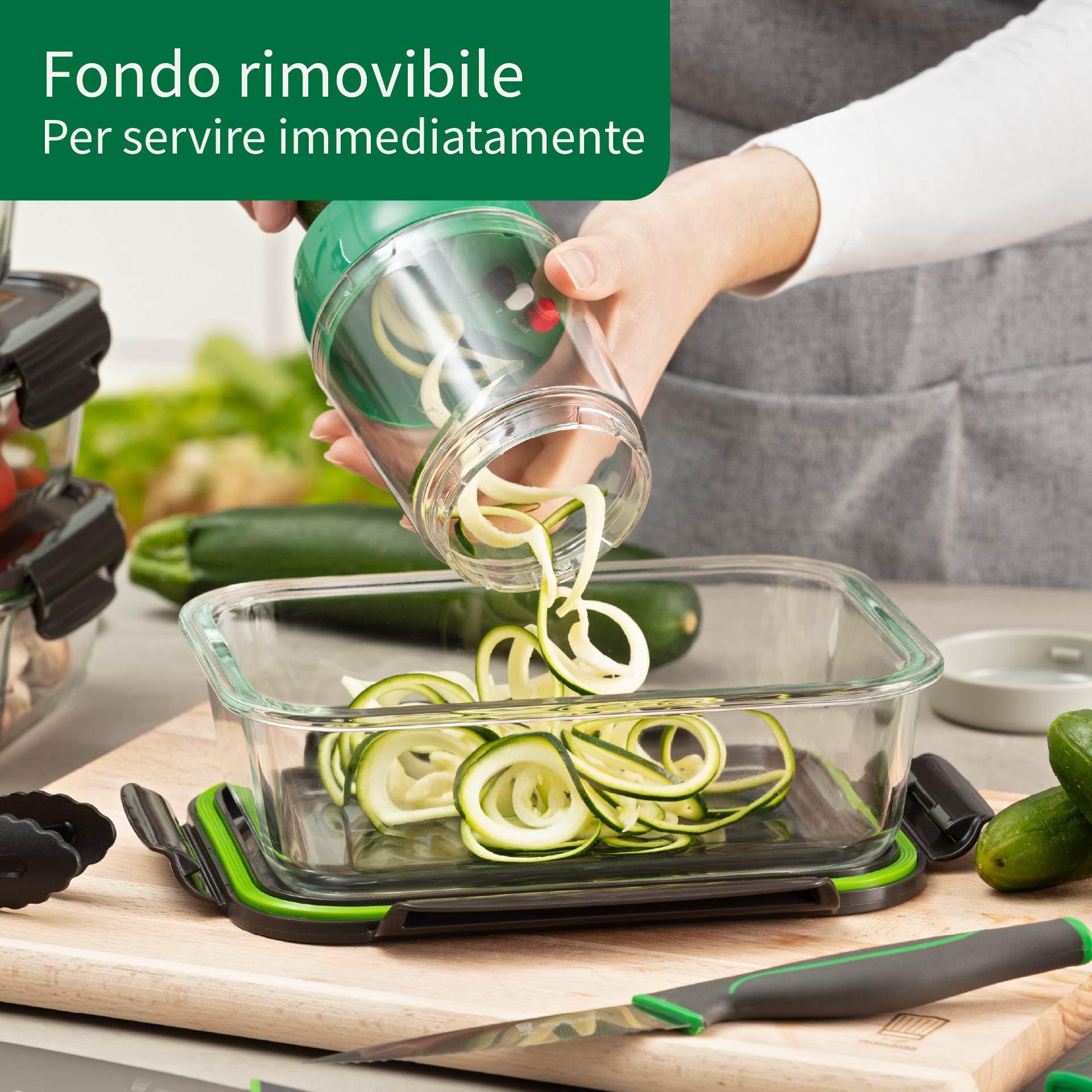 Chefkoch incontra Fackelmann Affettatrice a spirale in ABS e acciaio inox, 13 x Ø 9 cm, per spirali larghe, sottili e piccole, con coperchio e fondo rimovibile, verde/grigio
