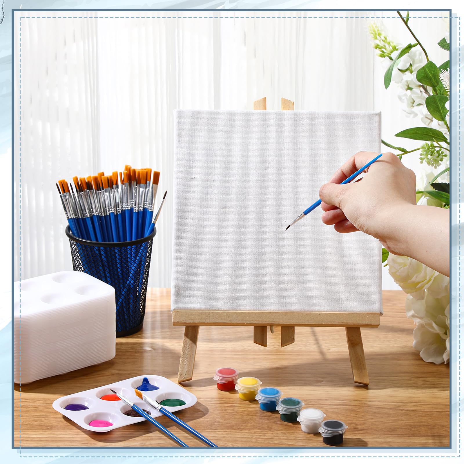 Juego de 100 pinceles de pintura de nailon, 50 paletas de bandeja de pintura, paletas de plástico, pinceles de pelo de nailon para acrílico, aceite, acuarela, estudiantes, fiesta de pintura