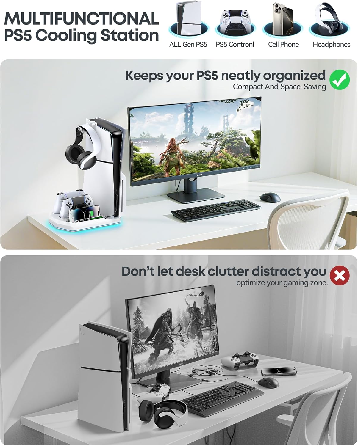 Cooling Station for PS5 with Dual Controller Charger Compatible with Playstation 5/Slim/Pro, PS5 Cooling Stand Station Vertical & 3 Level Cooler Fan, Controller Charging Dock, For PlayStation 3 Games - Image 6