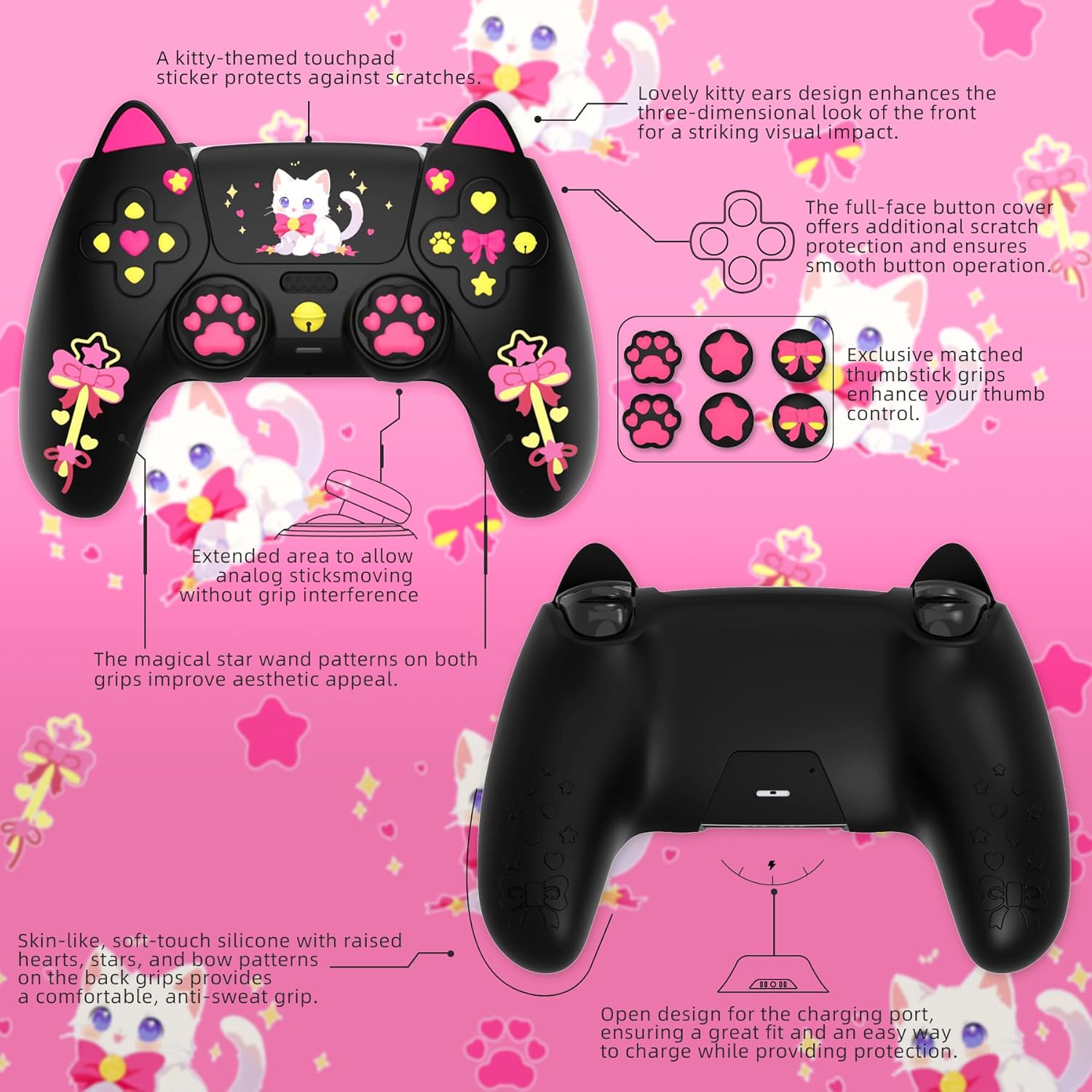 PlayVital Sweetheart Kitty Silicone Cover for ps5 Controller with 6 Joystick Caps and 6 Sticker, Soft Anti-Slip Full Protection Grip Skin Compatible with ps5 Charging Dock - Black - Image 2