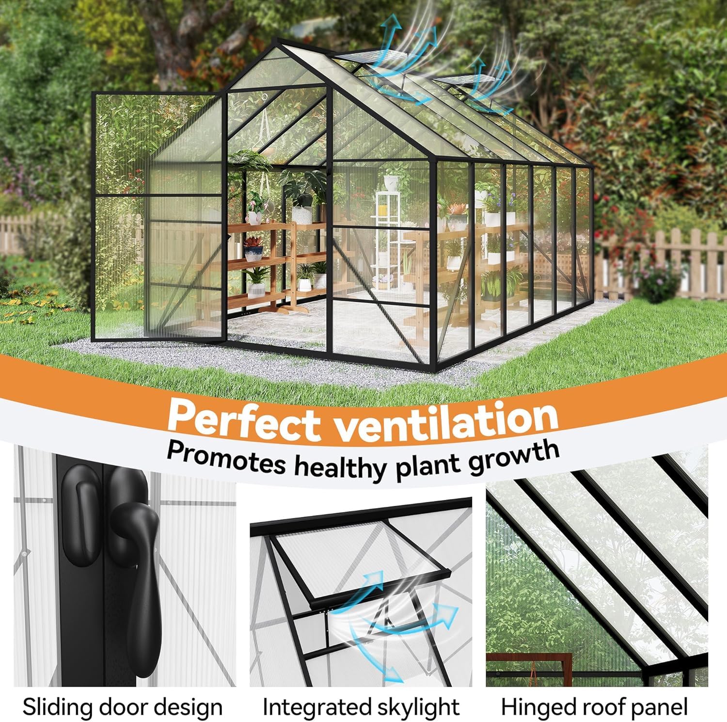 LZQ Aluminiowa szklarnia ogrodowa z fundamentem 380 x 250 x 205 cm, szklarnia, szklarnia z drzwiami przesuwnymi i świetlikami, szklarnia, szopa ogrodowa, odporna na zimę, szklarnia pomidorów (12 x 8