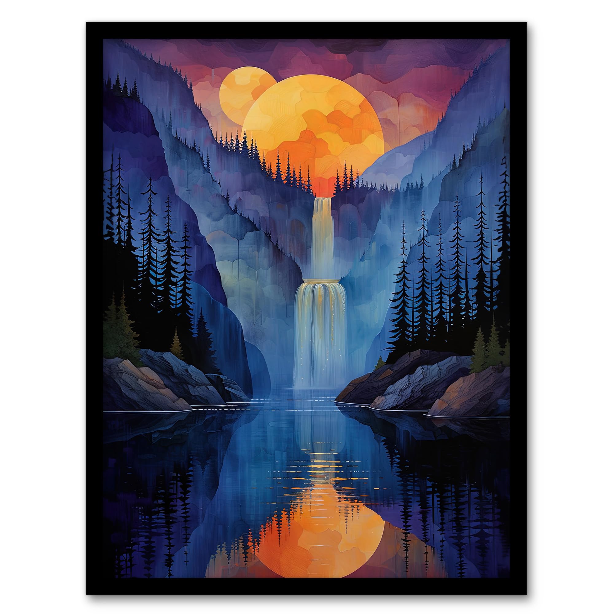 Artery8 Mirror Moon Waterfall Watercolour Night Mystic For Living Room Artwork Framed Wall Art Print 18X24 Inch