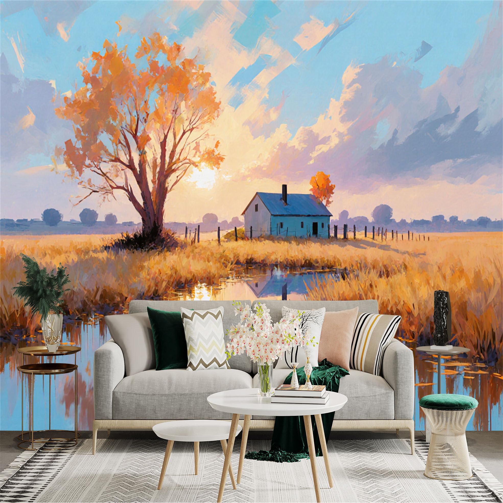 Custom Size Wall Sticker Mural， Autumn Countryside Landscape with Tree， Lake and Farmhouse， for wall Decoration， peelandstick wall Decals.