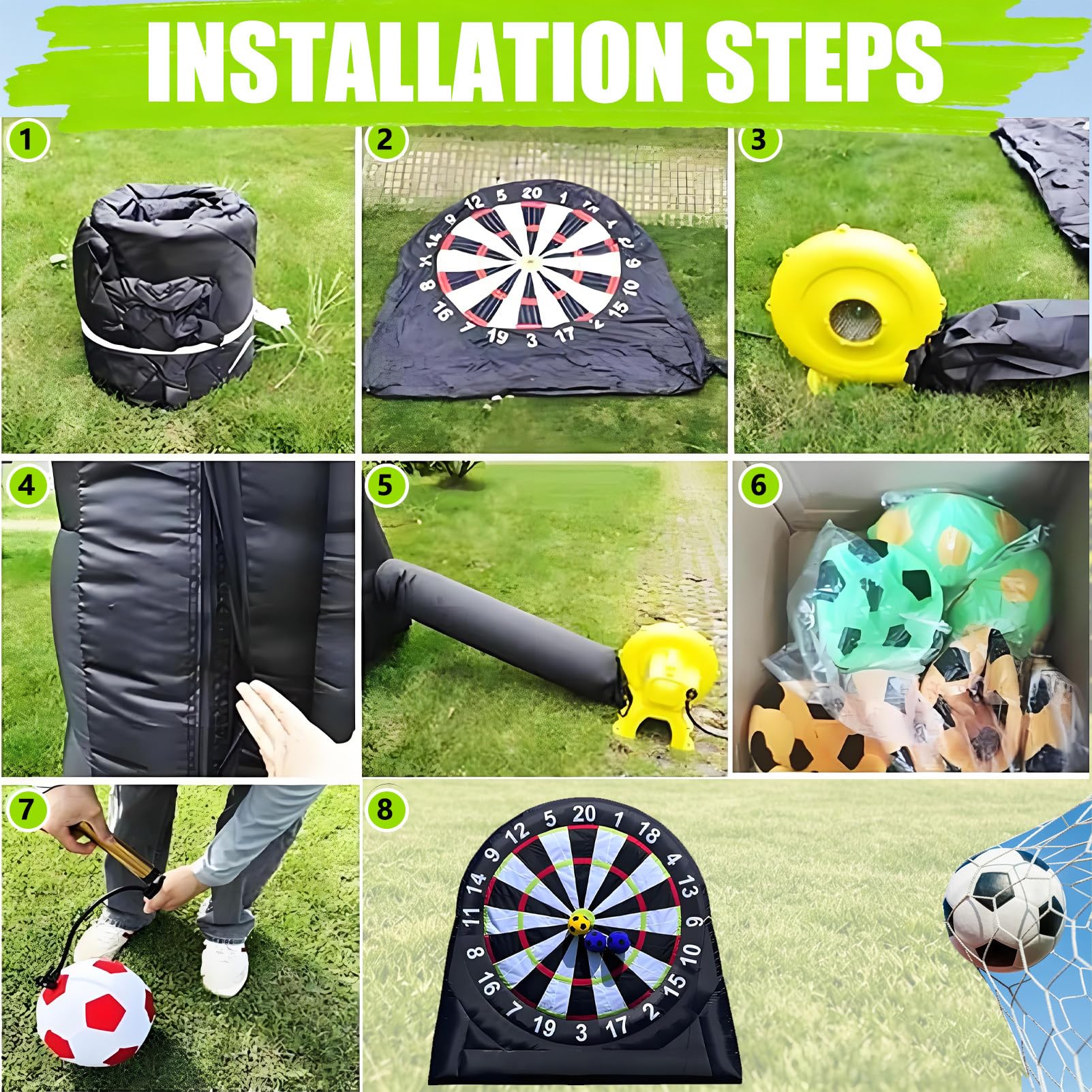 Aufblasbare Fußball-Dartscheibe (3/4/5 m), riesige aufblasbare Spiele, Outdoor-Fußballspiel, inkl. Gebläse & 8 Fußbällen, für Fußball-Dart-Spiele. B-5M