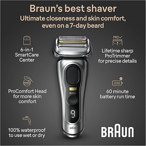 Miniatura 3 de Braun Maquinilla de afeitar eléctrica Series 9 PRO+ para hombres, 5 elementos de afeitado Pro y cabezal ProComfort para preparación de afeitado para