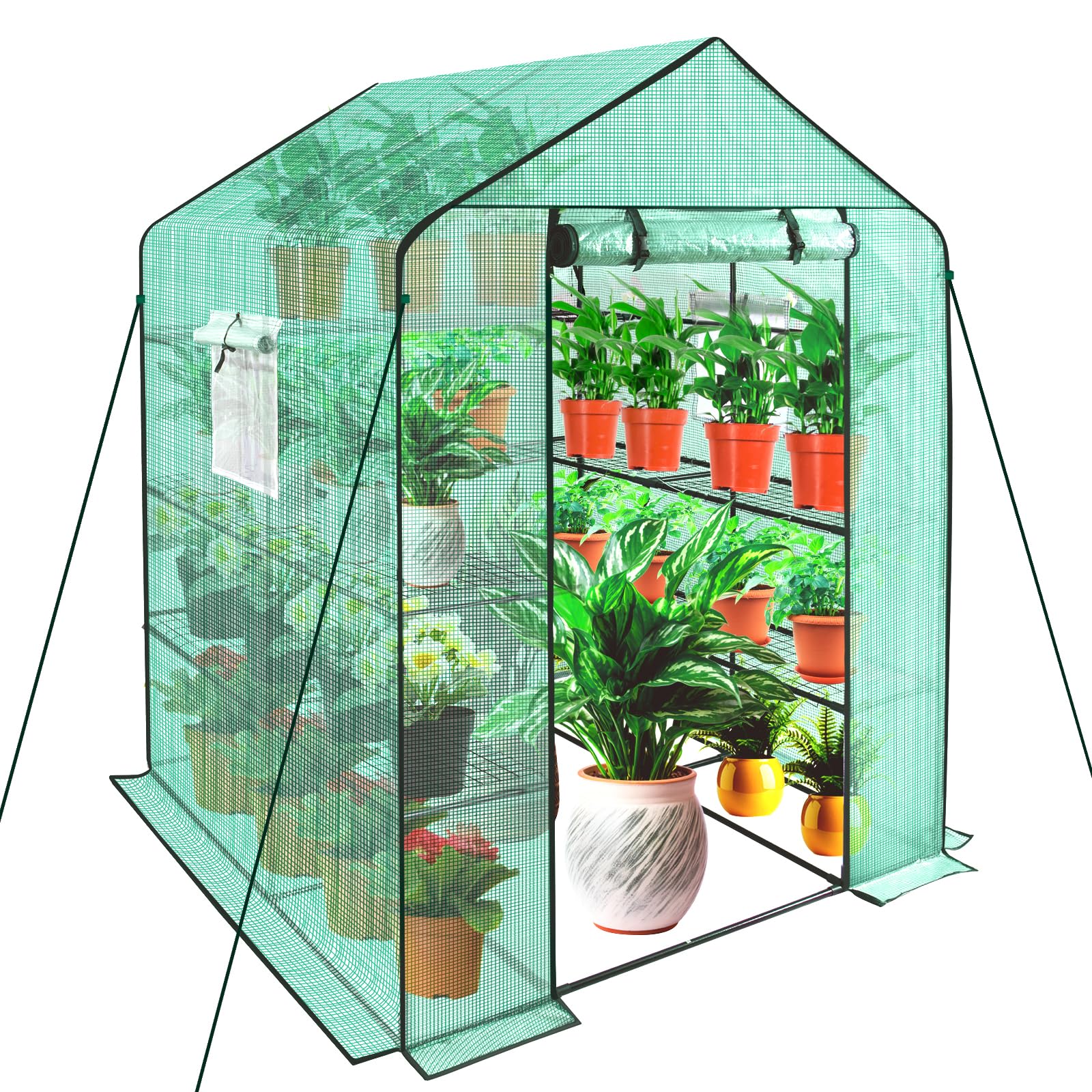 Greenhouse for Ourdoors - 56 x 56 x 75'' Walk-in Greenhouse with 4 Tiers 11 Shelves, Side Mesh Window - Portable & Durable Green House Kit with PE Thicken Cover, Anchors, Ropes