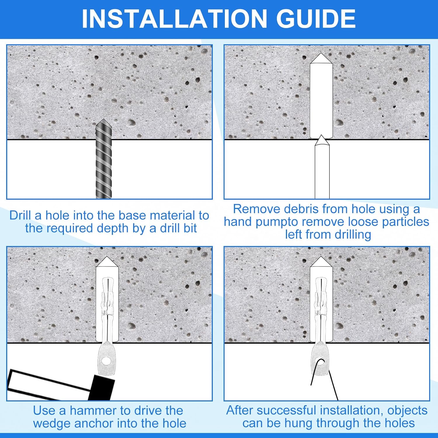 Pasimy 200 Pcs Eye Bolt Wedge Concrete Anchor 1/4 x 2 Inch Expansion Acoustical Ceiling Anchor Galvanized Carbon Steel Wedge for Ceiling Joists Hanging Hammocks Swing Chairs