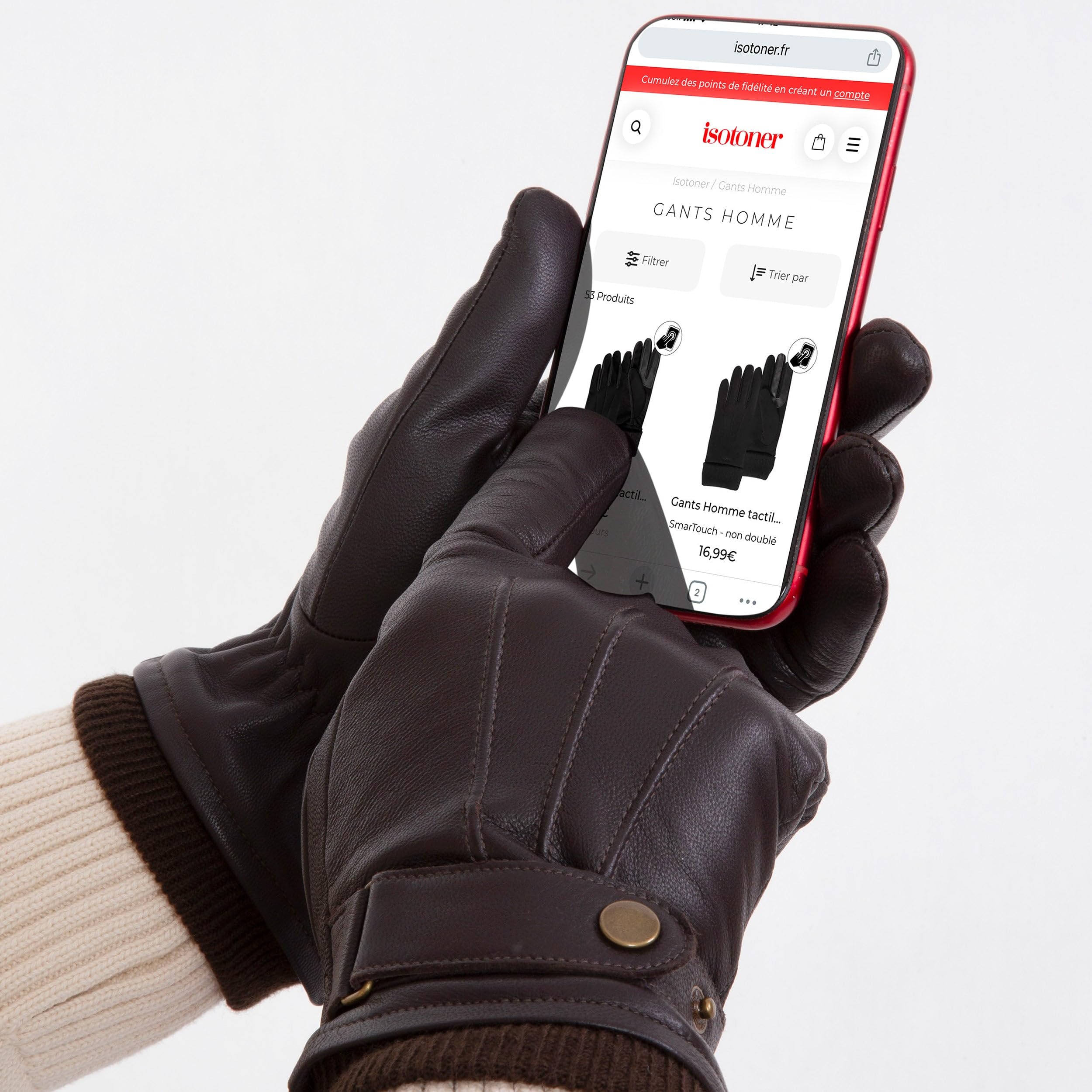 Isotoner Herren-Touchscreen-Handschuhe aus Leder mit Weichleder-Kordelzug