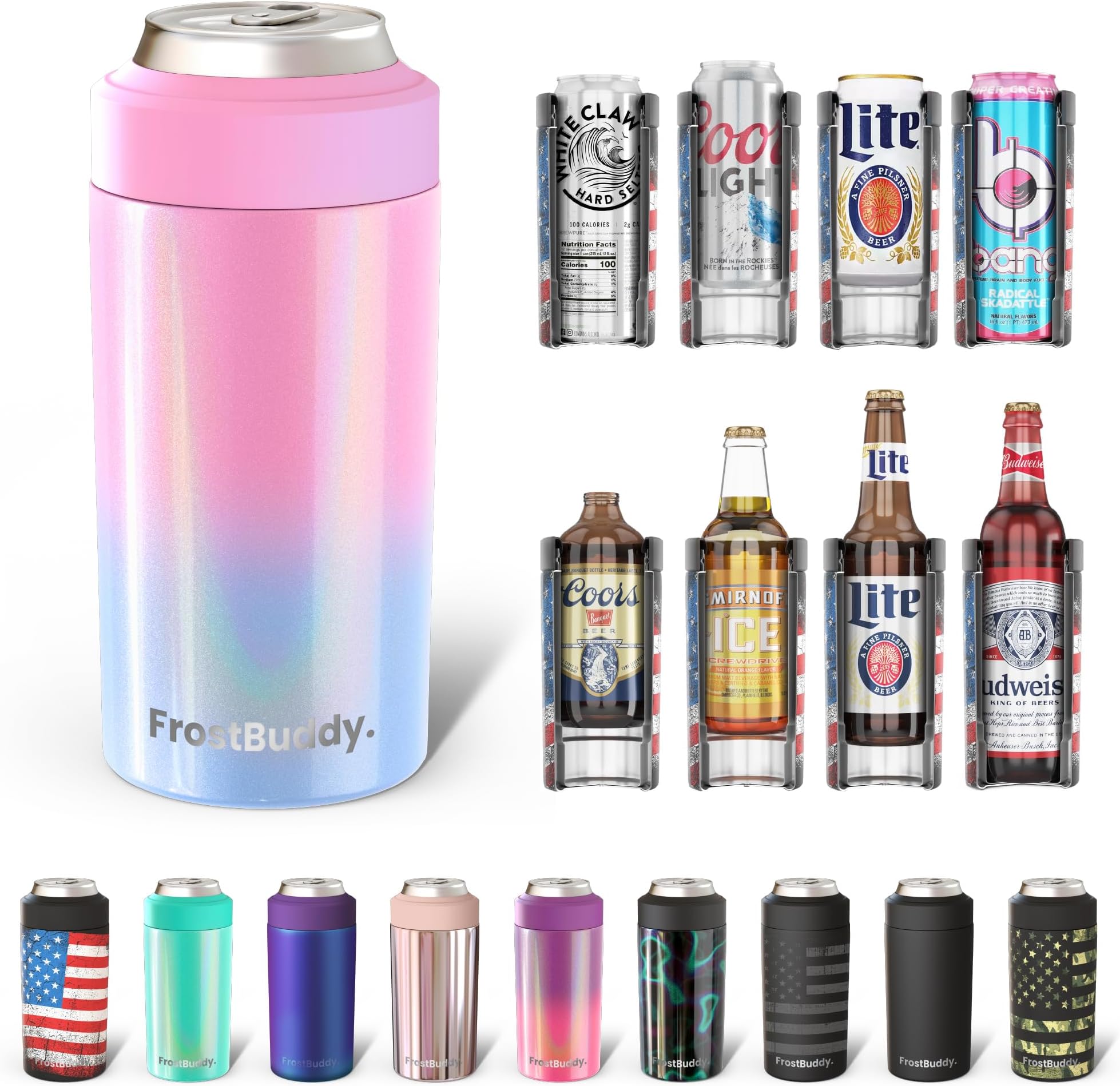 Frost Buddy Universal Can Cooler - Fits All - For Regular 12 & 16 oz or Slim-Size Bottles - Insulated Double-Walled Stainless Steel