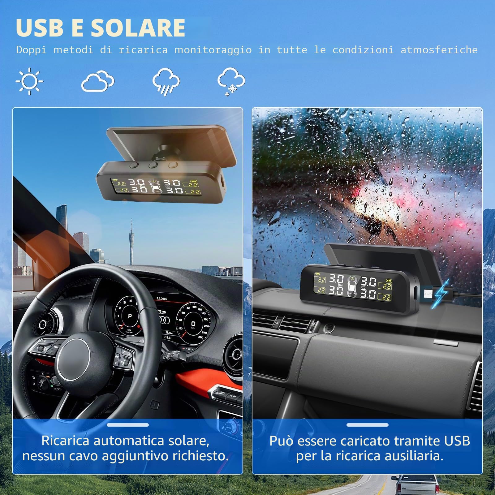 Geloo TPMS Sistema di Monitoraggio della Pressione Universale con 5 modalità Allarme Solare Sistema di Monitoraggio con 4 Sensori per Piccolo Camper Auto SUV MPV