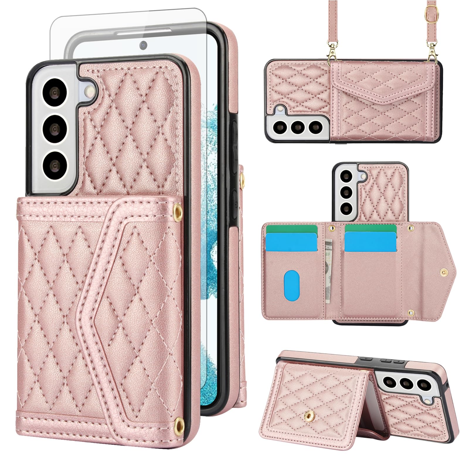 Asuwish Phone Case for Samsung Galaxy S22 Plus S22+ 5G Wallet Cell Cover with Tempered Glass Screen Protector RFID Blocking Card Holder Crossbody