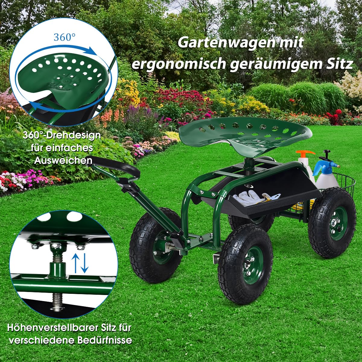 COSTWAY Rollsitz mit Rollen, Gartenwagen mit ausziehbarem Griff & Korb, höhenverstellbar | 360° drehbar | bis 150kg, fahrbarer Gartensitz, Gartenrollsitz für Gartenarbeit, Grün (96,5x48,5x45,5-54,5cm)