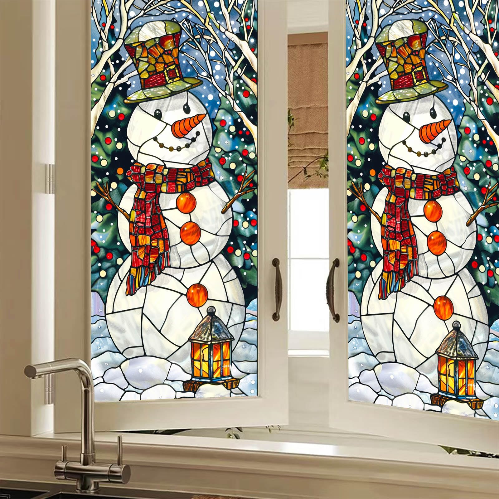 HOMETITUTE Snowman Window Film 17.7 x 39.3 Inch Stained Glass Static Cling Privacy Window Sticker with Lantern and Trees for Winter Holiday Christmas Home Decorative Seasonal Window Clings