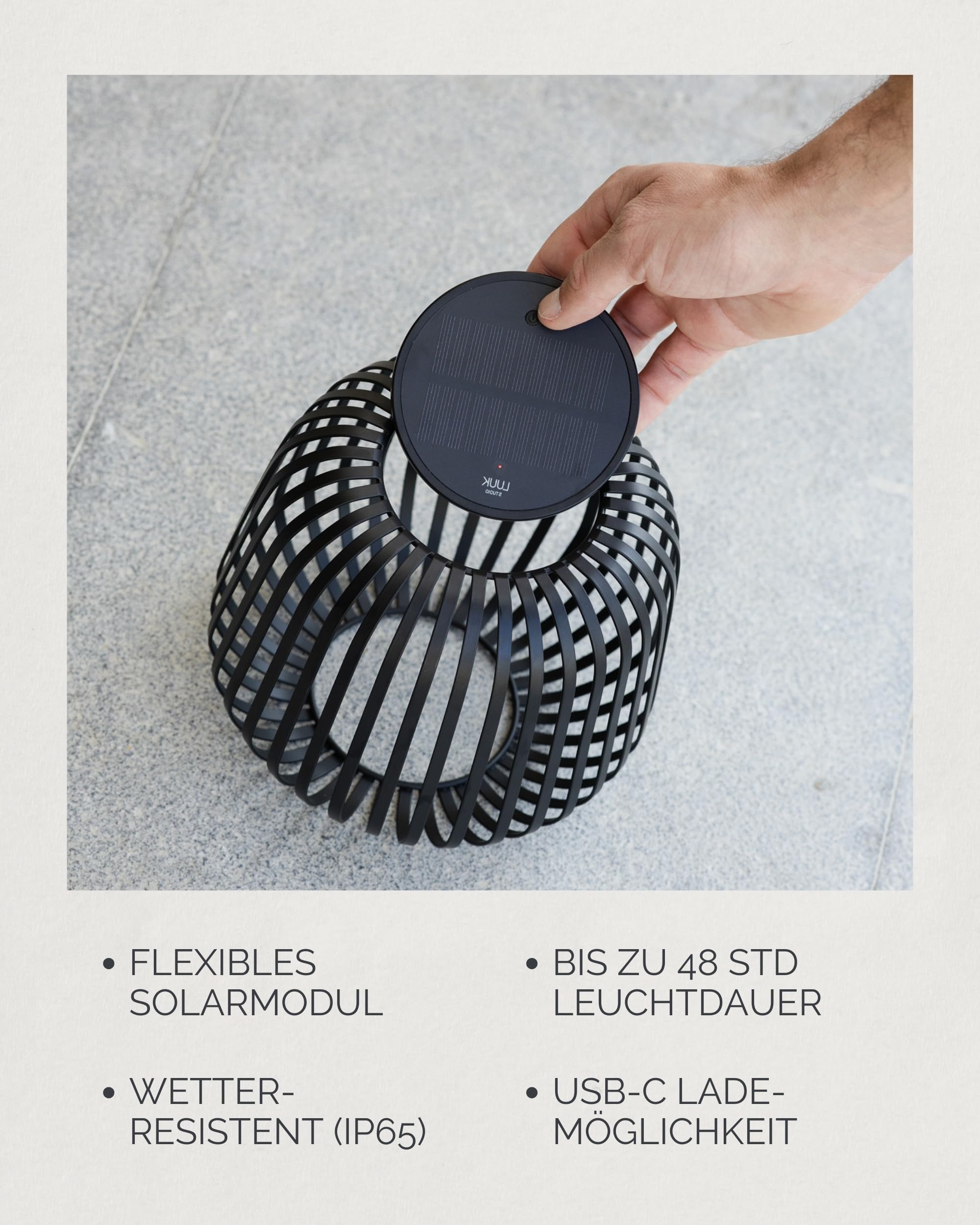 LUUK Studio Moderne Solarlaterne SOLIS, IP65, wiederaufladbar & kabellos, dimmbares Stimmungslicht, Schwarz