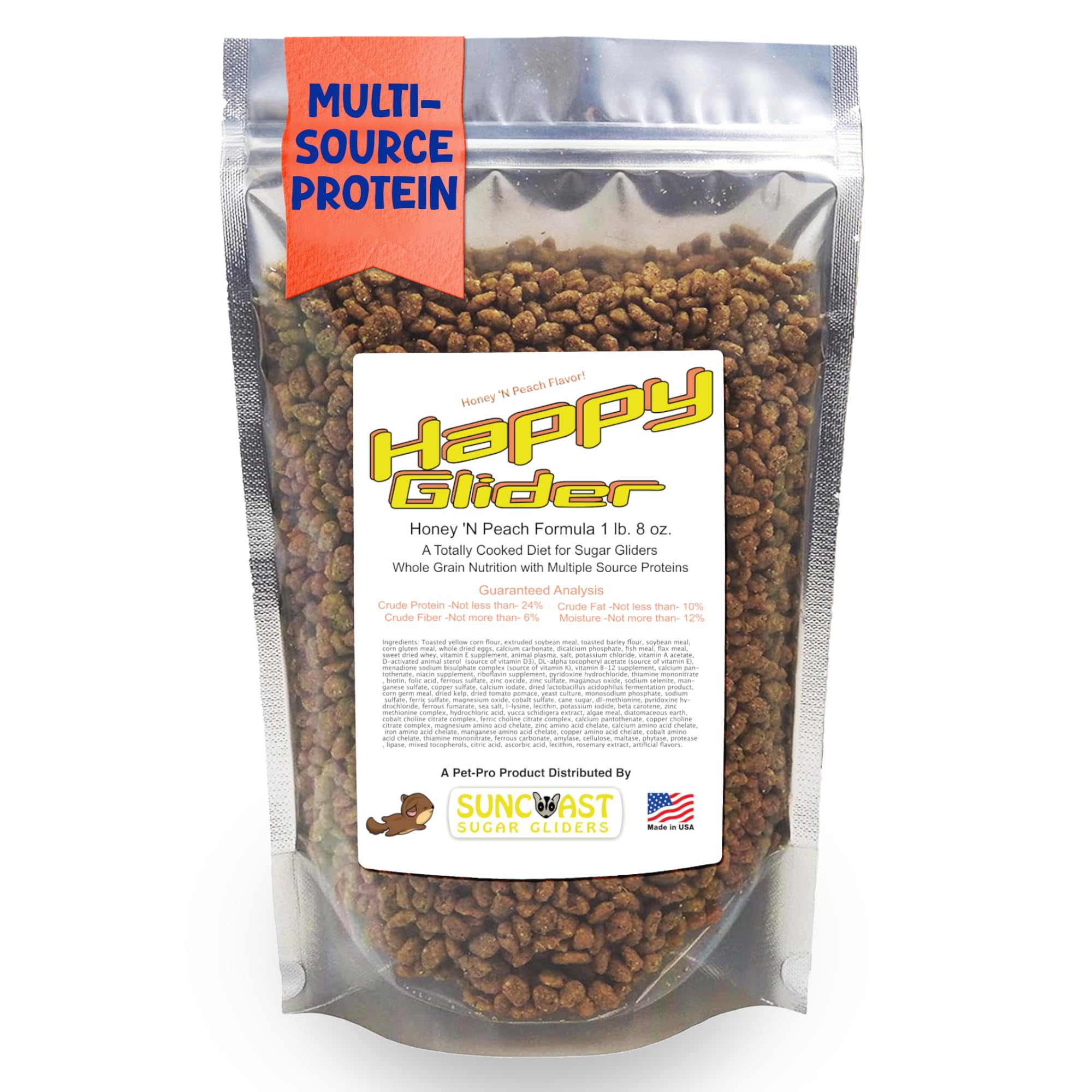 Suncoast Sugar Gliders - Happy Glider Premium Sugar Glider Food - High Protein, Calcium and Vitamins, Complete Nutrition for Small Animals and Exotic Pets, 2 Months Supply - Honey & Peach, 1.5 lbs