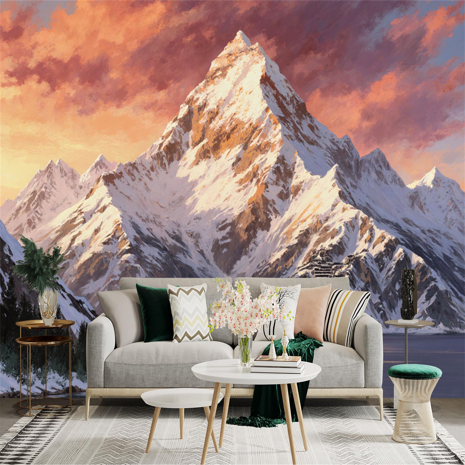 Lnzczhyre Xc260505095 Custom Size Wall Sticker Mural， Majestic Snowcapped Mountain Peak， Serene Lake Shore， Vibrant Sunset Sky， Natural Landscape Art， For Wall Decoration， Peelandstick Wall Decals.