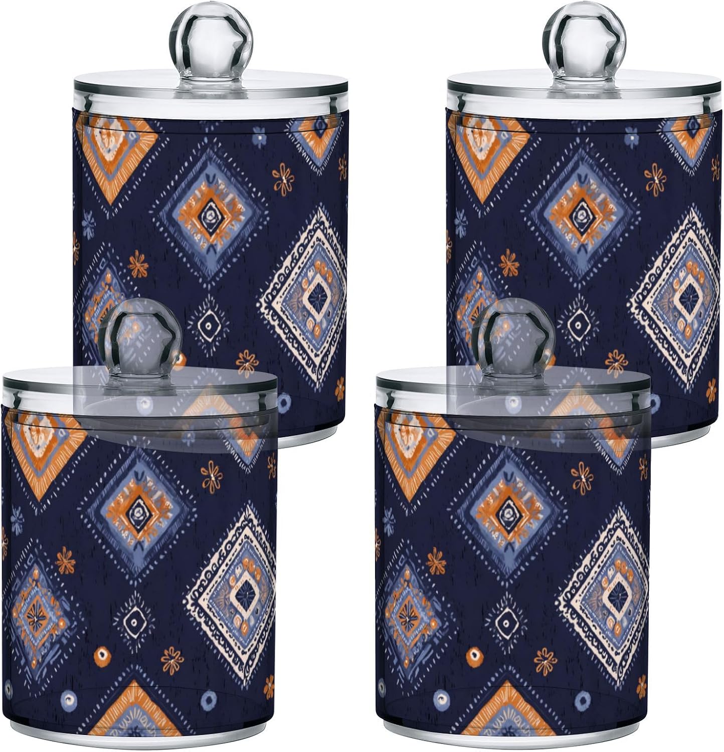 Boho Chic Square Retro Blue Clear Plastic storage organizer with lid Dresser Essentials Decorative storage bin for Cotton Swabs,Cotton Pads,Floss Picks,Paper Clips,Hair Clips 4 Pack
