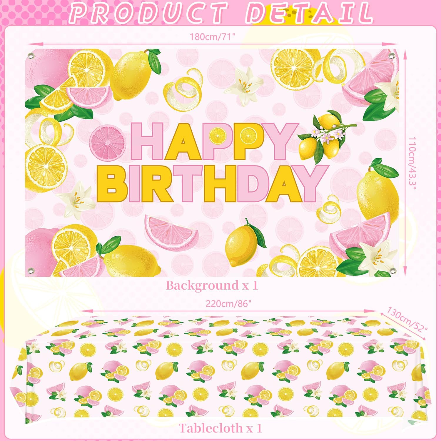 Lemon Birthday Party Decorations for Girl - Pink Lemon Party Supplies including Backdrop, Plate, Cake Topper, Cup, Napkin, Balloon, Tablecloth - Serves 20 - Image 3