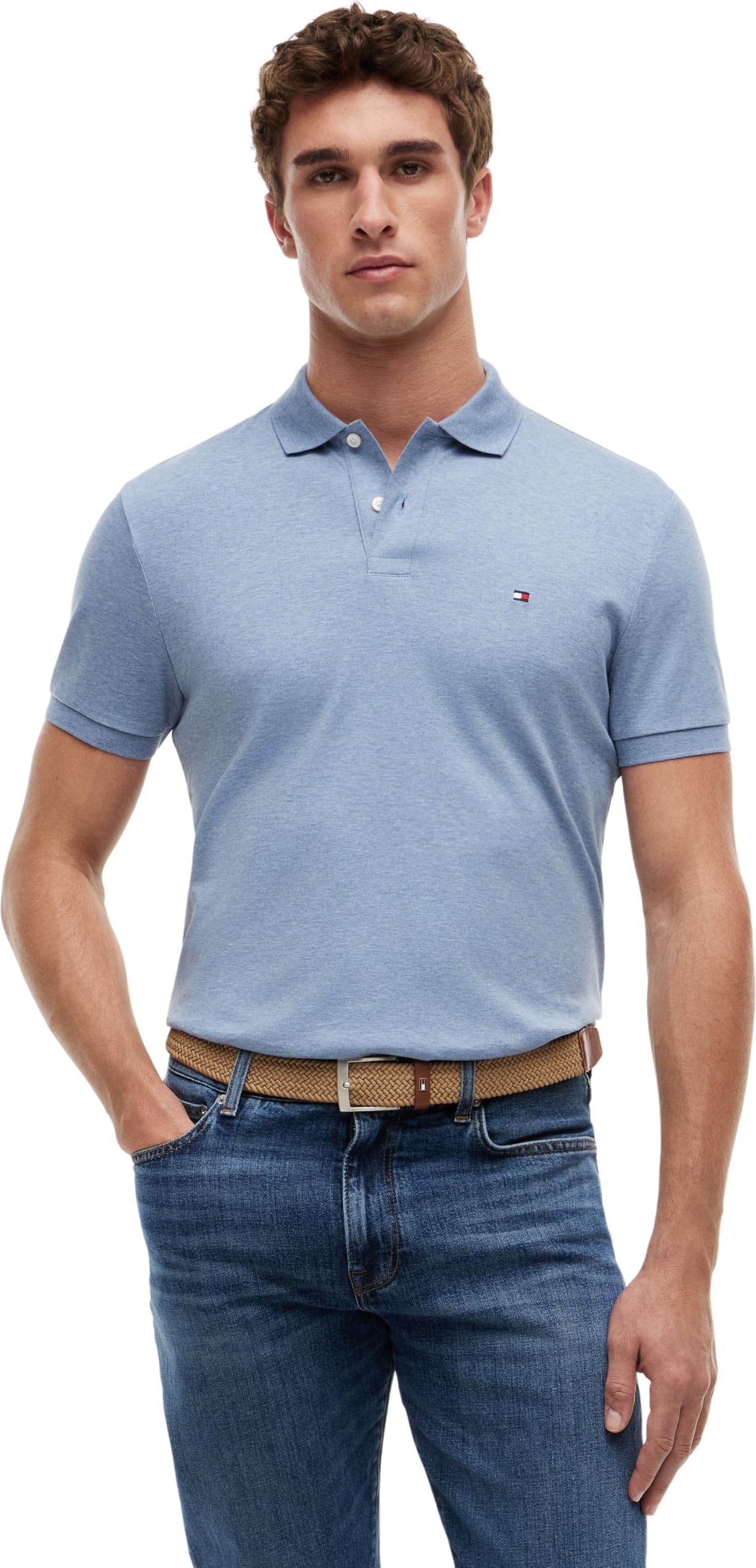 Tommy Hilfiger Herren Poloshirt Kurzarm Liquid Cotton mit Knopfleiste, Blau (Heathered Blue Bros B0802), L