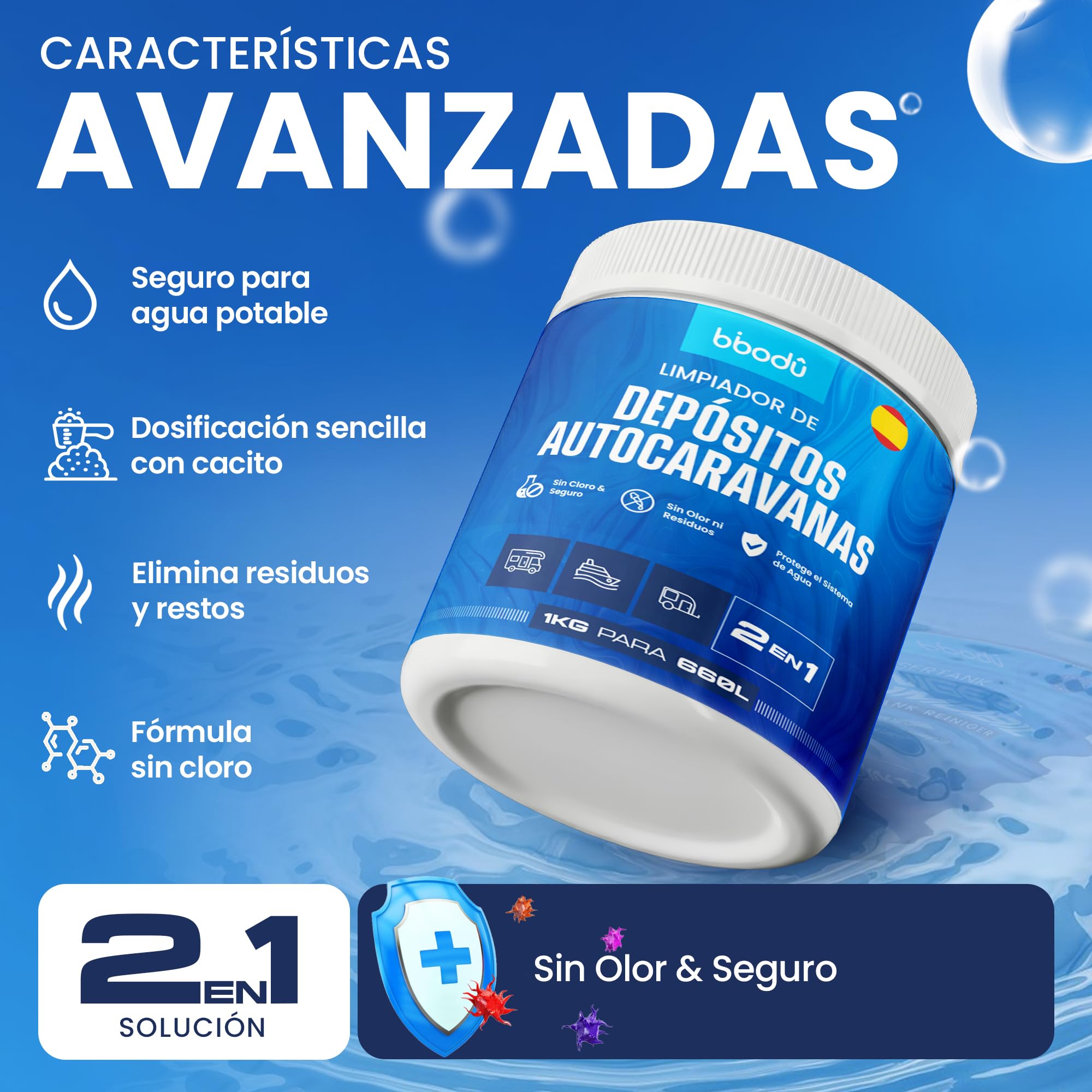 Limpiador 2en1 para Depósitos de Autocaravanas 1 KG | Limpia & Desincrusta con Oxígeno Activo | Sin Olor - Elimina Biofilm y Suciedad | Perfecto para Autocaravanas, Caravanas y Barcos