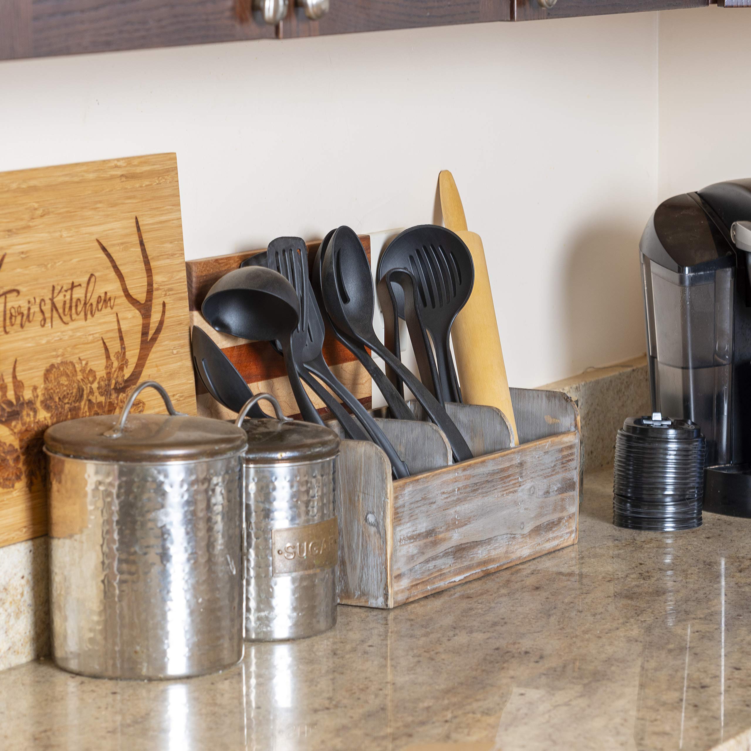 Buy Besti Wooden Kitchen Utensil Holder With 3 Compartments Torched