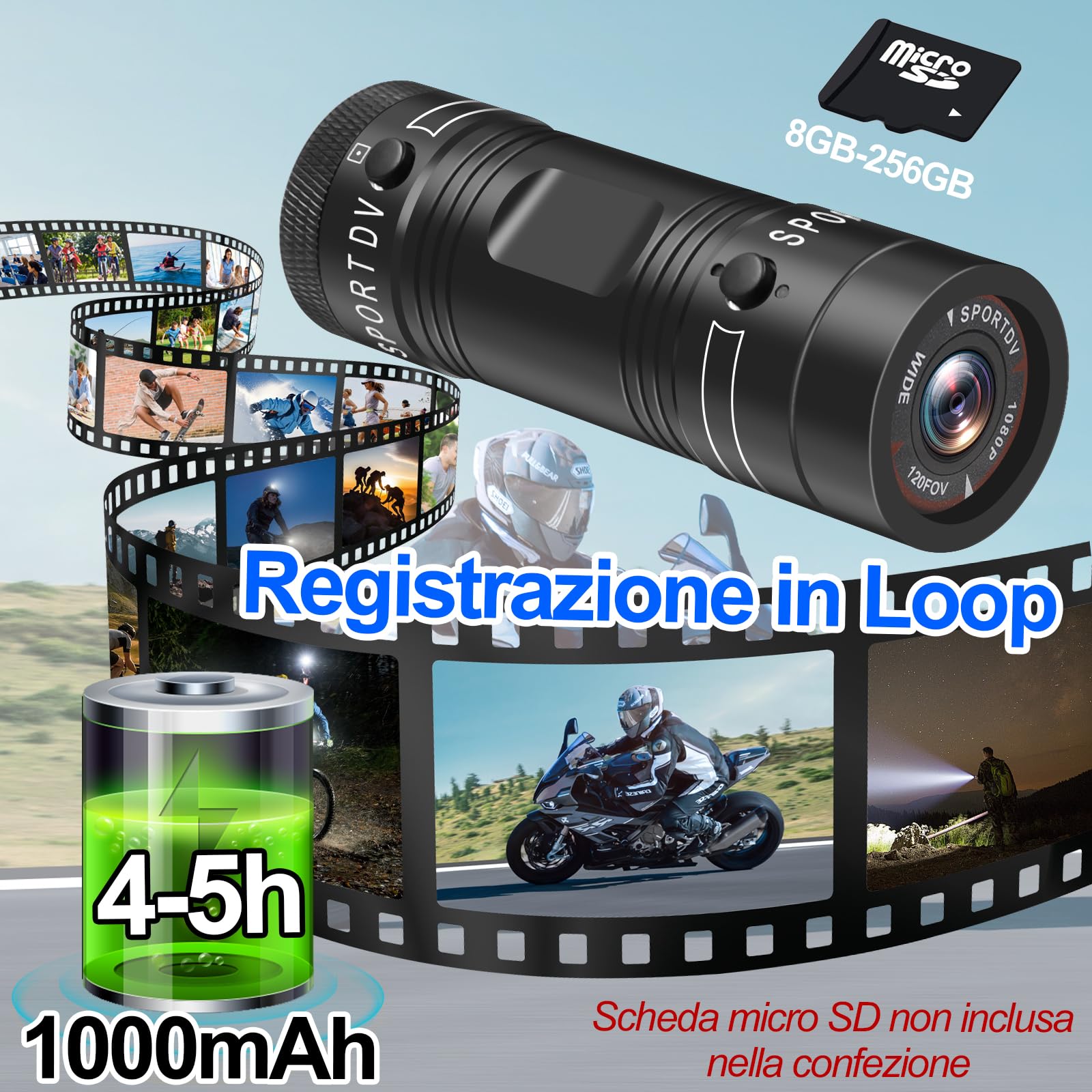 Dashcam Moto 1080P Grandangolo IP63, Action Cam per Moto & Bici | 5h batteria, 12MP foto, 3 supporti (casco/moto/bici), loop, 256GB SD