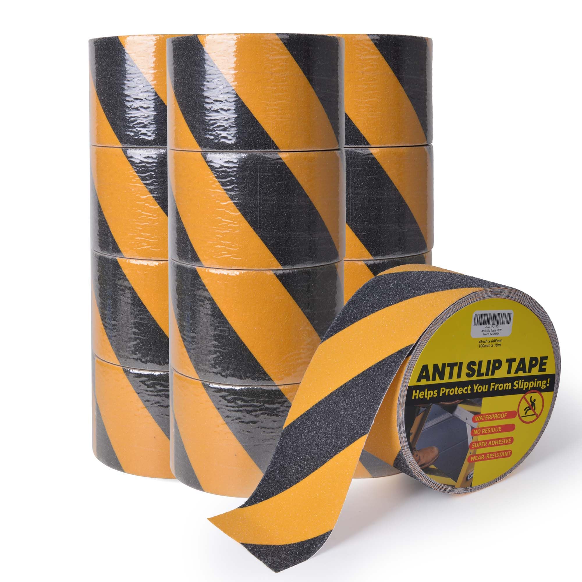 TAPEBEAR Anti Slip Tape Black And Yellow, 12 Rolls Hazard Safety Tape, Non Slip Caution Tape Roll, Nonslip Warning Floor Tape For Indoor Outdoor Steps Stairs, Strong Grip, 4inch X 60feet(100mmx18m) — image 1