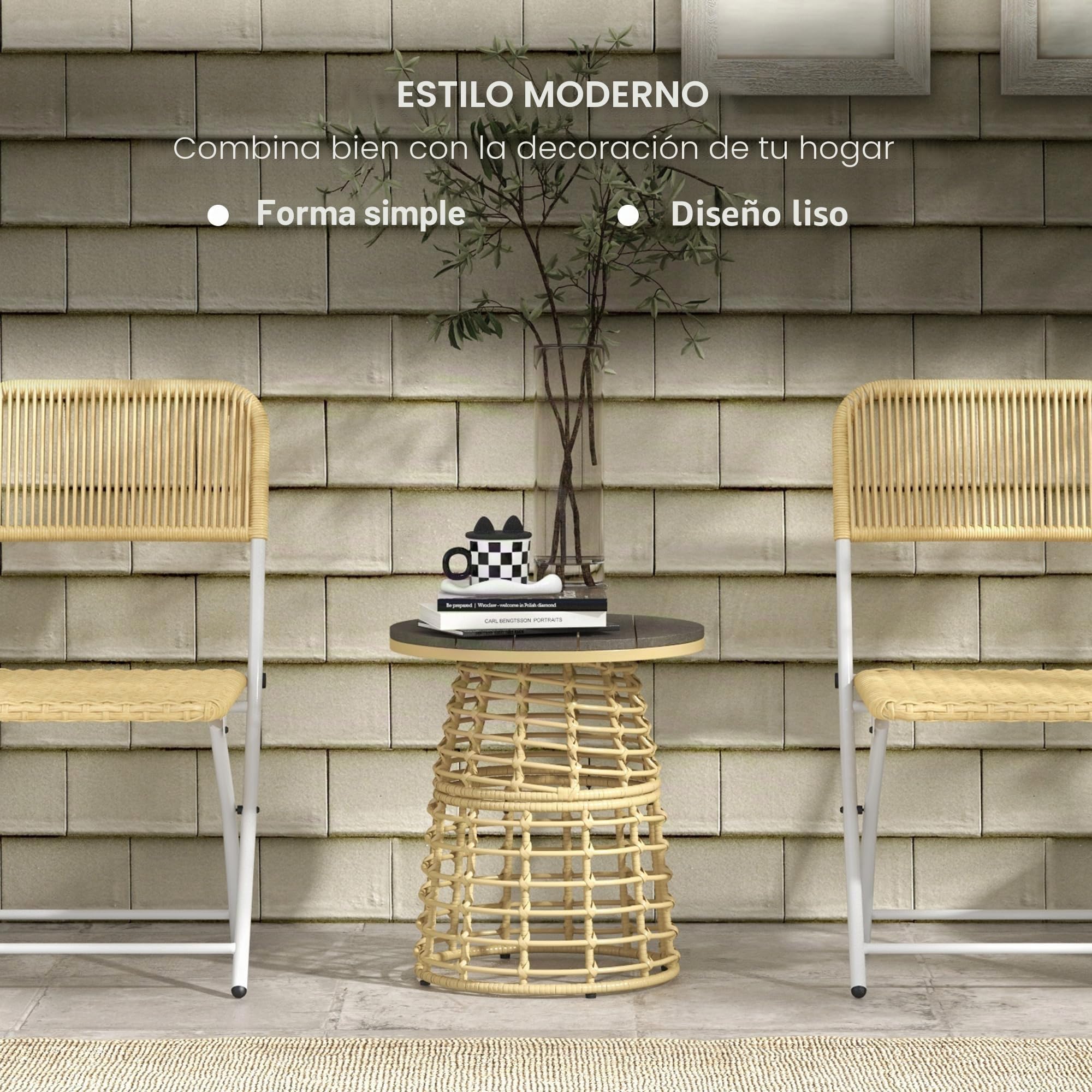Outsunny - Mesa de centro de jardín (resina, efecto ratán), diámetro 45 x 50 cm, color natural | Mesa auxiliar exterior redonda, metal, bandeja compuesta