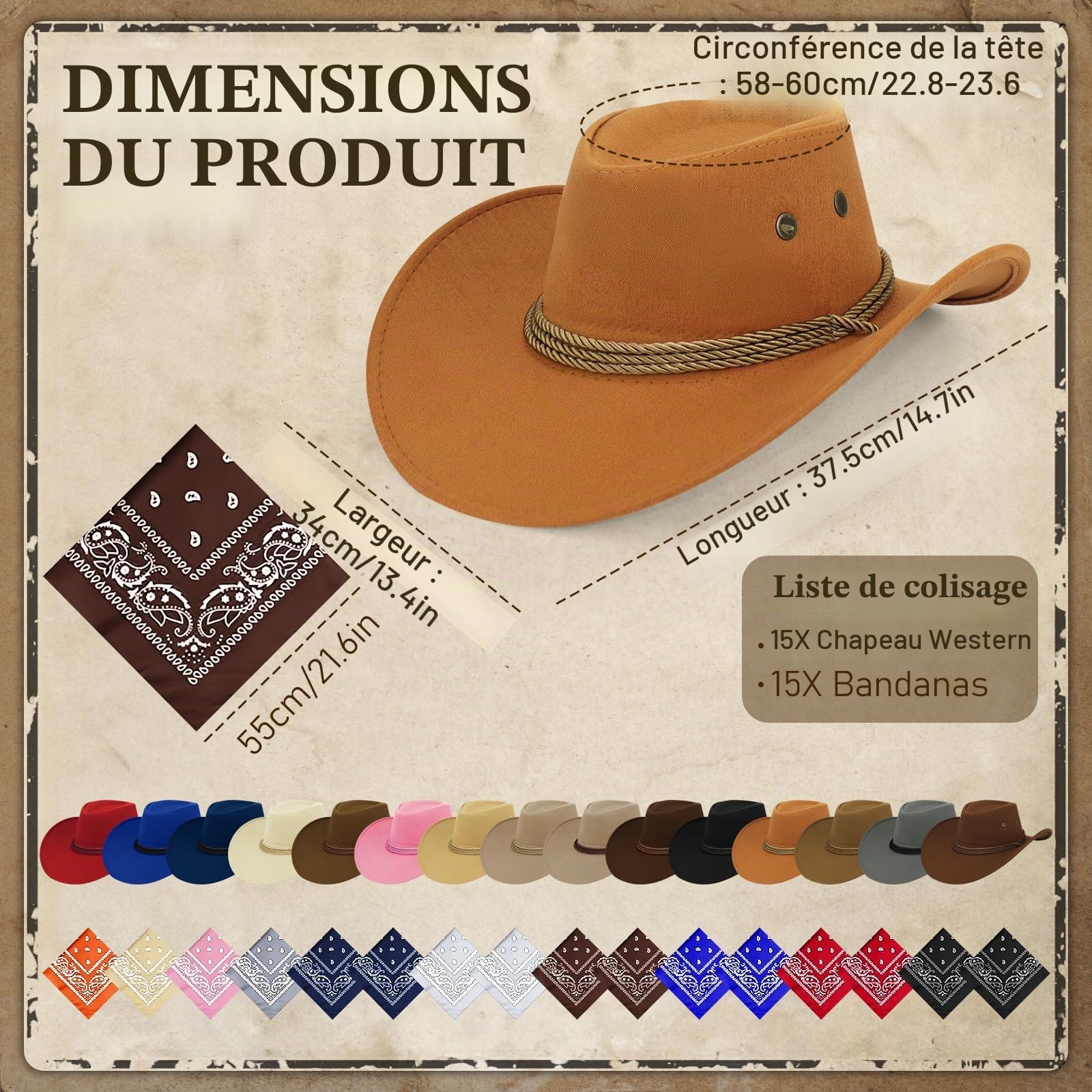 Lot de 15 Chapeaux de Cowboy et 15 Bandanas à Motif Paisley, Chapeaux de Cowgirl Western pour Femme et Homme, Déguisement pour Fête, Carnaval, Soirée à Thème