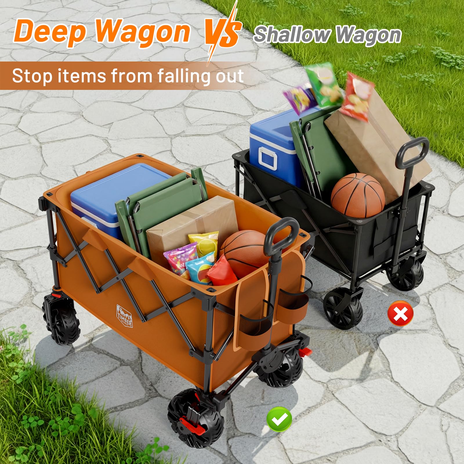 TIMBER RIDGE Zusammenklappbarer Outdoor-Wagen mit Bremsen und Getränkehaltern, 227 kg, strapazierfähig, für alle Geländeräder, Mehrzweckwagen für Einkaufen, Camping, Garten, Sport, Orange