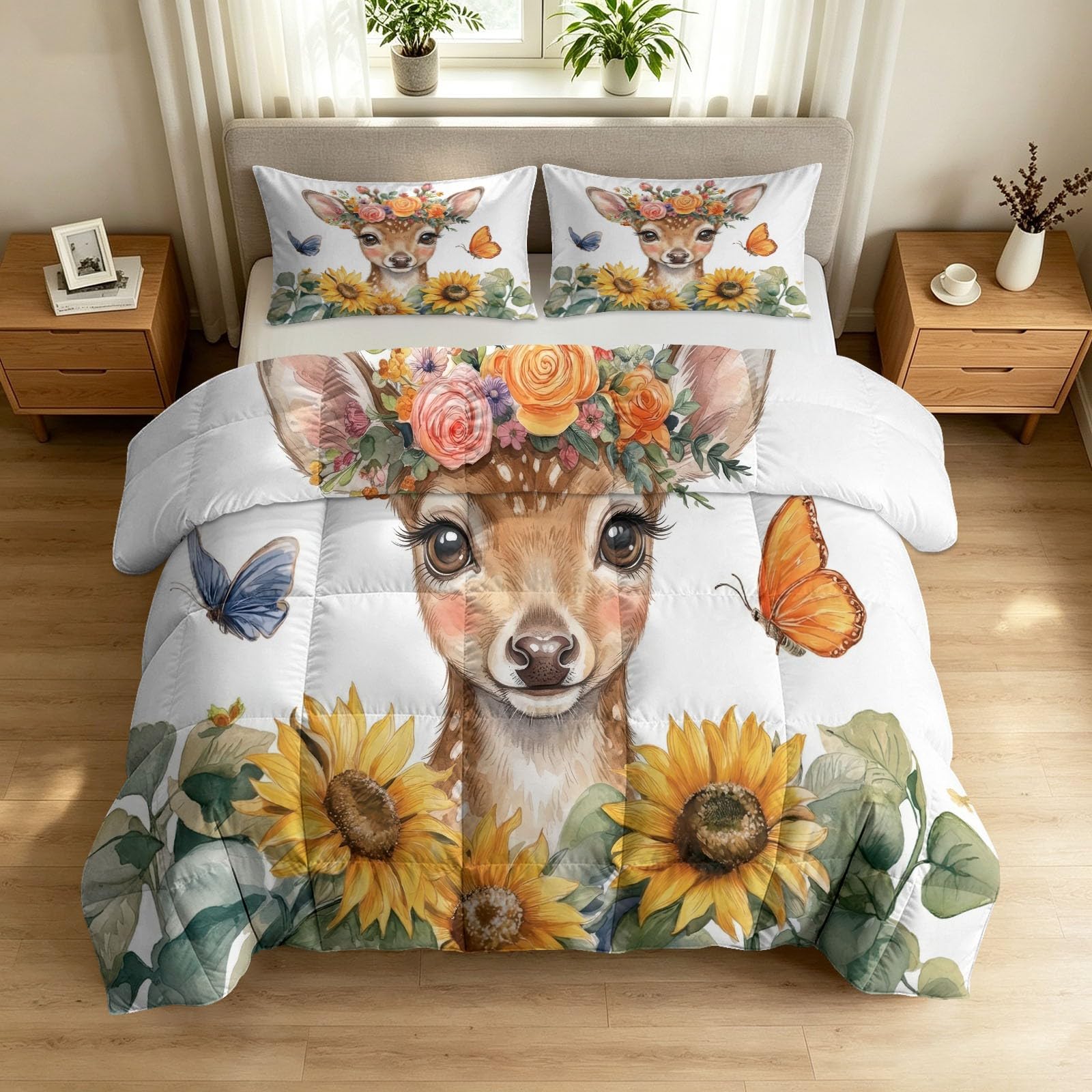 Piumino Animale Giraffa Girasole Stampato 2 Persone Reversibile 200 x 200 cm, morbido piumino 4 stagioni senza copripiumino, anallergico lavabile Cartoon floreale modello per bambini adolescenti