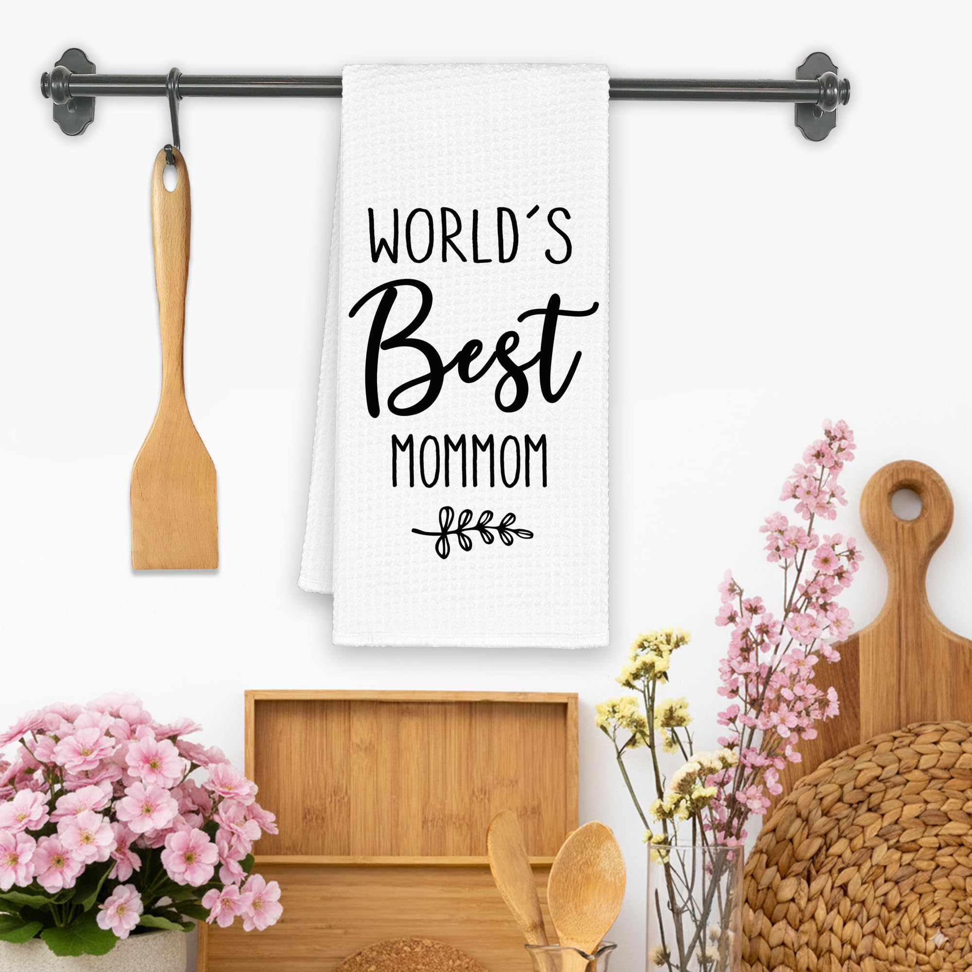 World's Best Mommom Gifts Kitchen Towels, Christmas Bathroom Hand Towels Gifts for Grandma Birthday Mother's Day, Rustic Leaf Black and White Minimalist Tea Dish Towel Decor 16x24in