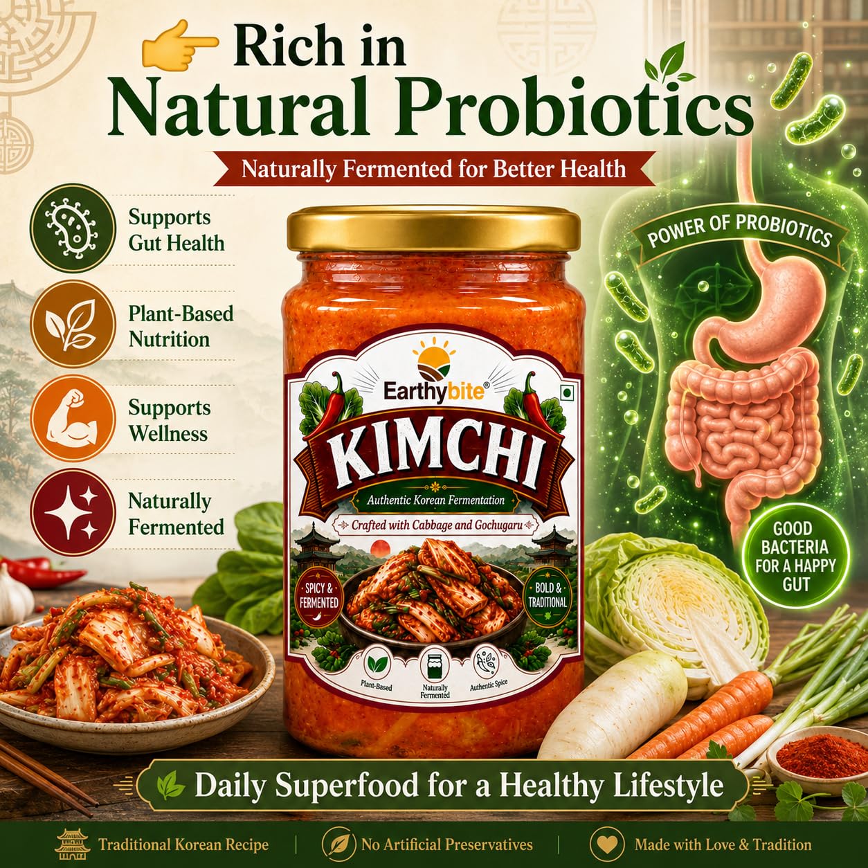 Earthy Bite Authentic Korean Kimchi 250g Premium Fermented Cabbage with Carrot | Spicy & Tangy Superfood Rich in Probiotic-Rich Gut Support | Vegan, Plant-Based Healthy Pickled Side Dish 2