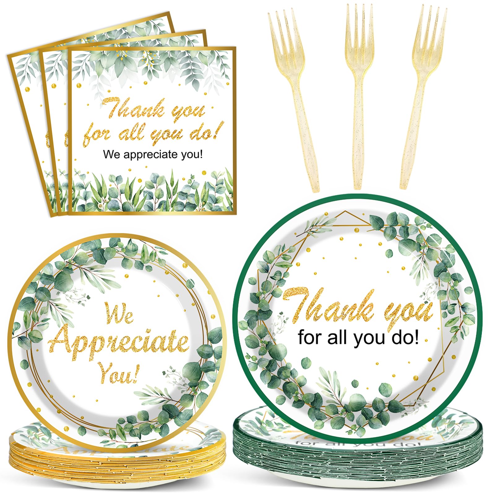 Thank You Party Plates Napkins We Appreciate You Tableware Set Green Eucalyptus Leaf Dinnerware Employee Appreciation Disposable Plate Fork for